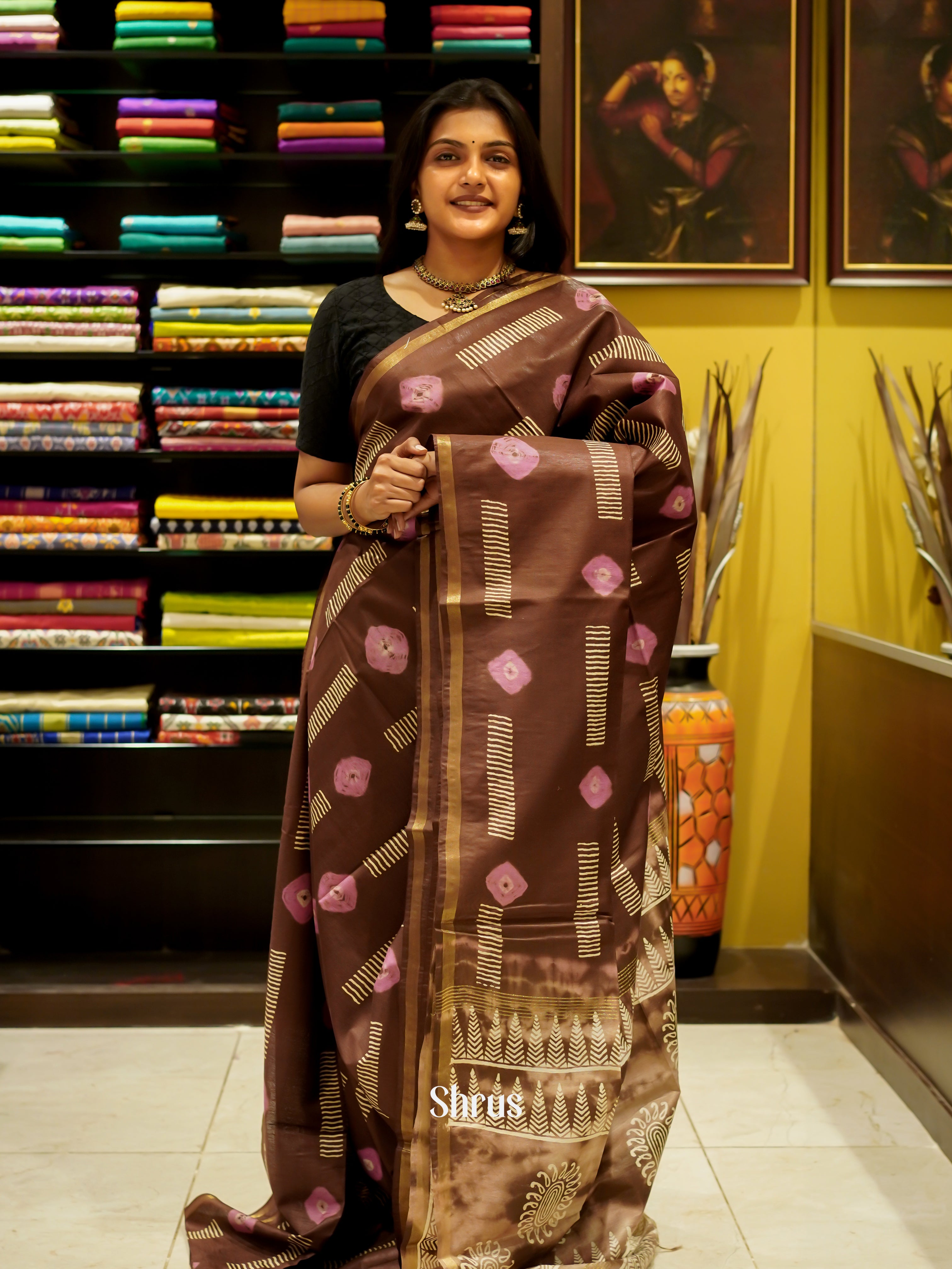 Brown & cream- Bhatik Saree - Shop on ShrusEternity.com