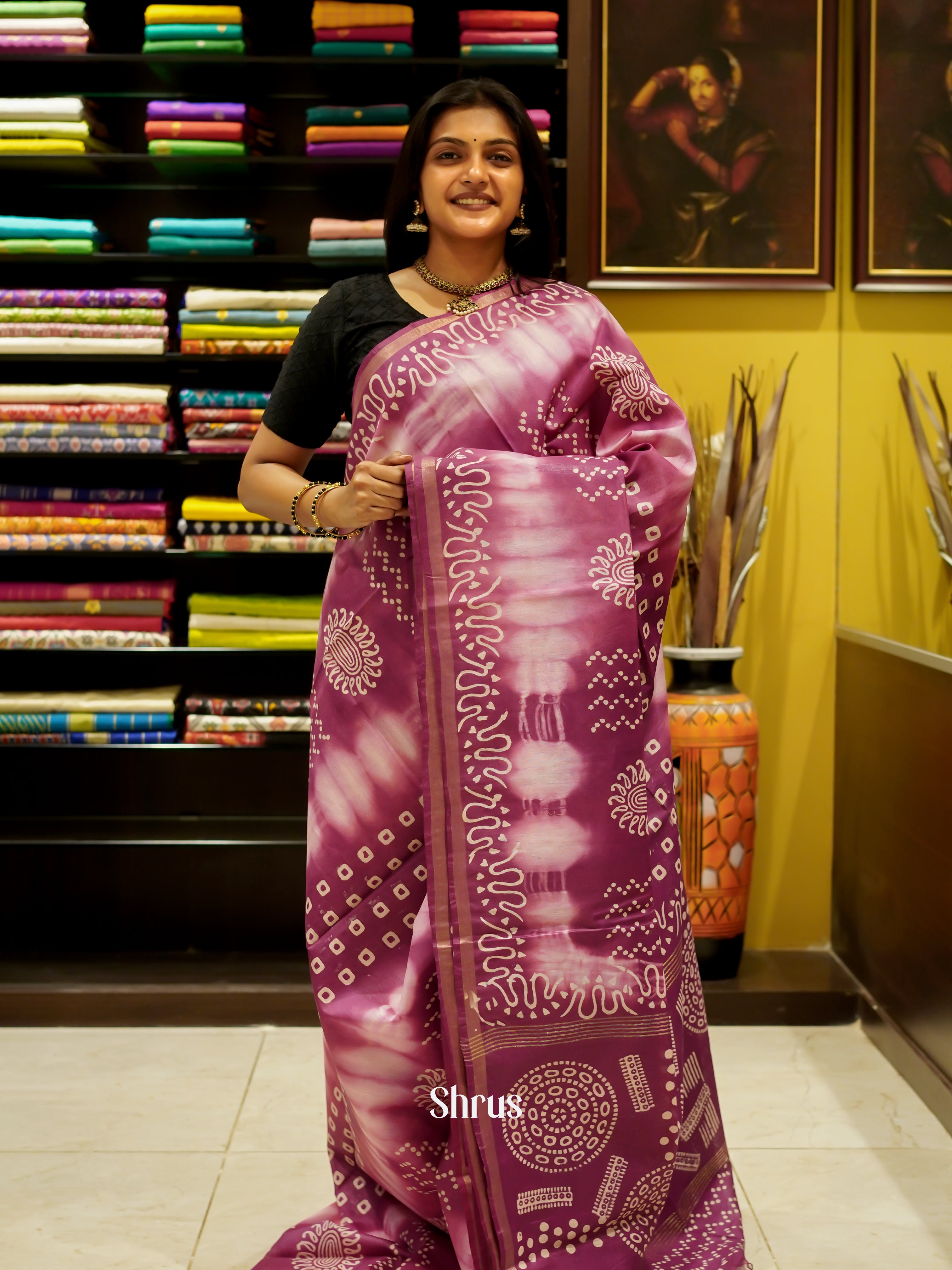 Purple & Cream - Bhatik Saree - Shop on ShrusEternity.com