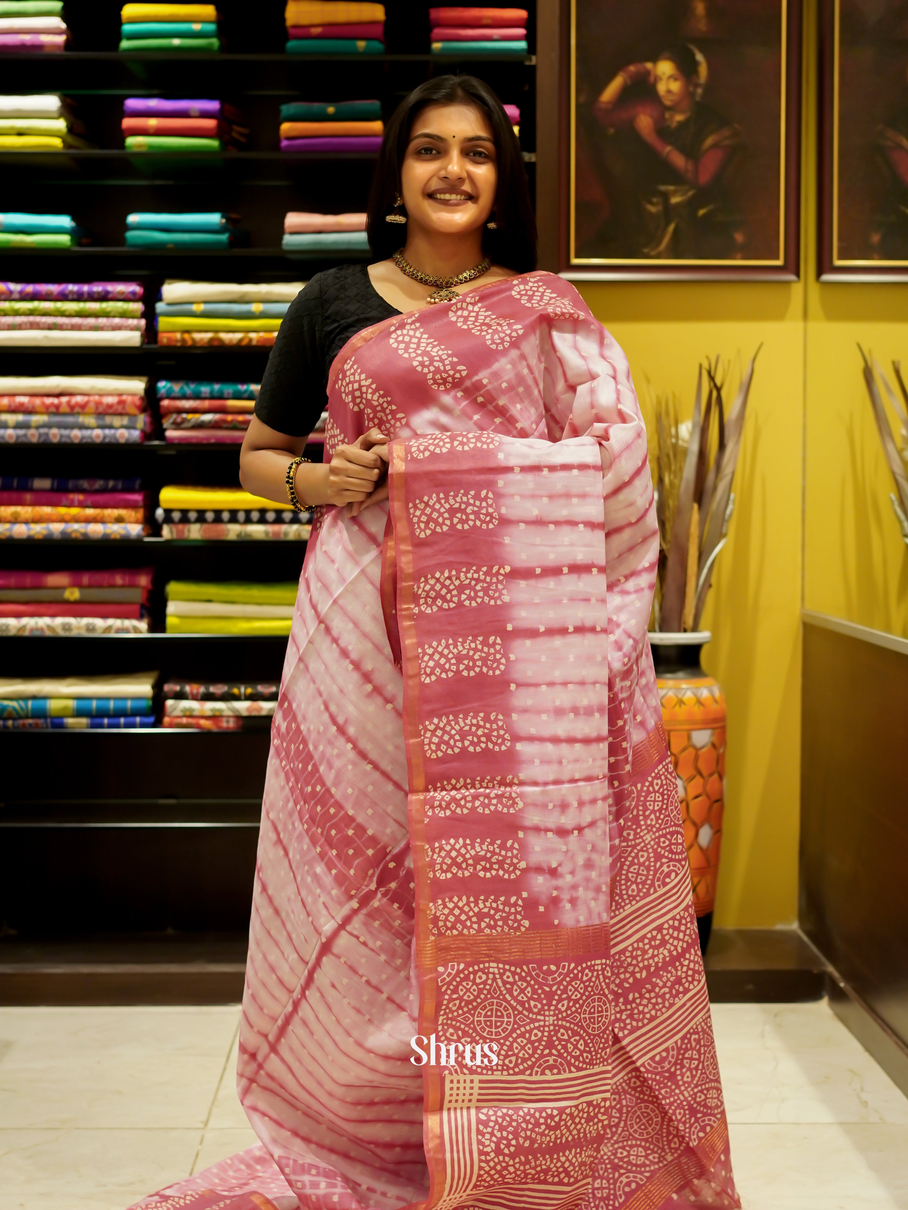 Cream & Pink - Bhatik Saree - Shop on ShrusEternity.com