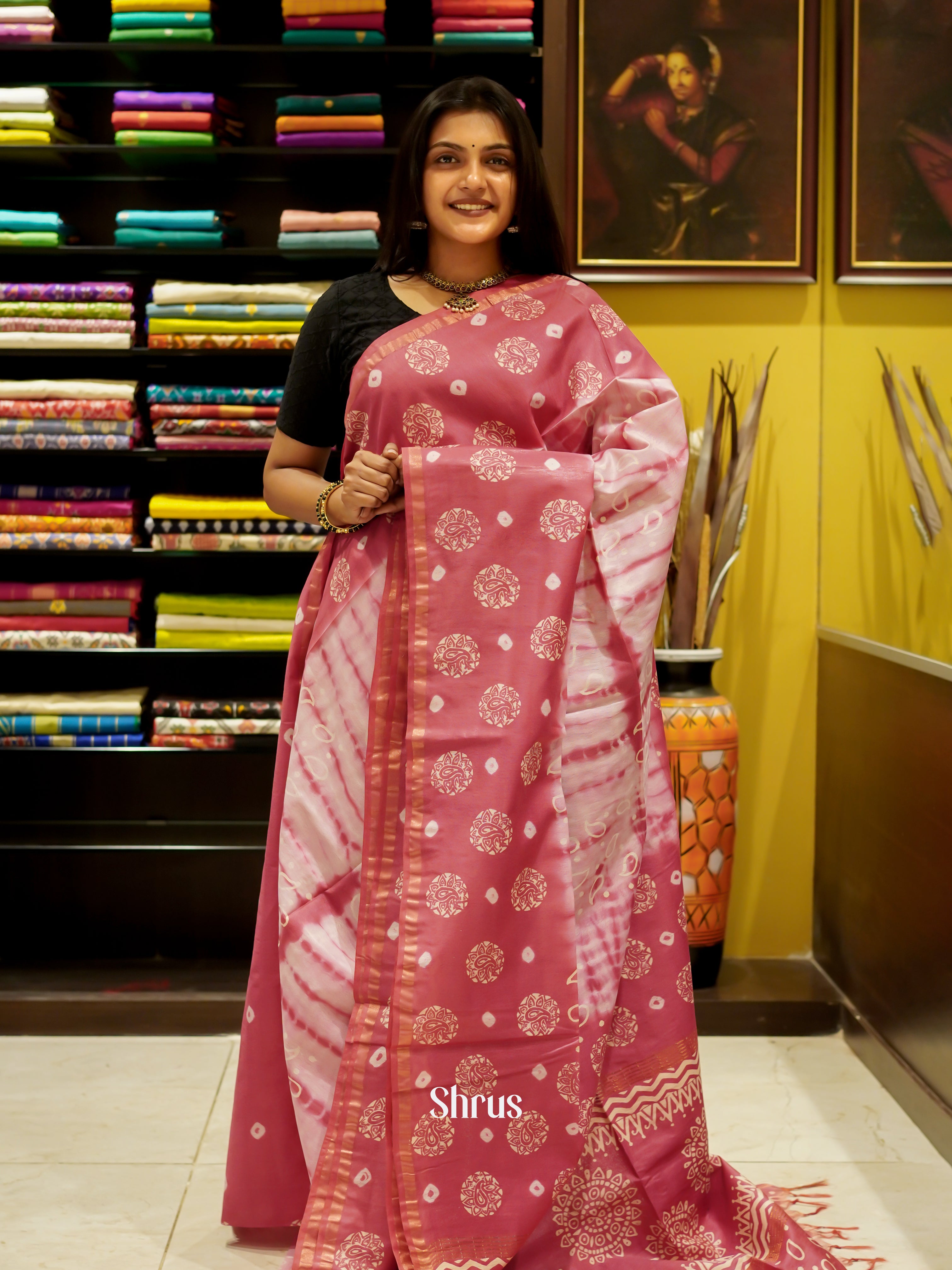 Cream & Pink - Bhatik Saree - Shop on ShrusEternity.com