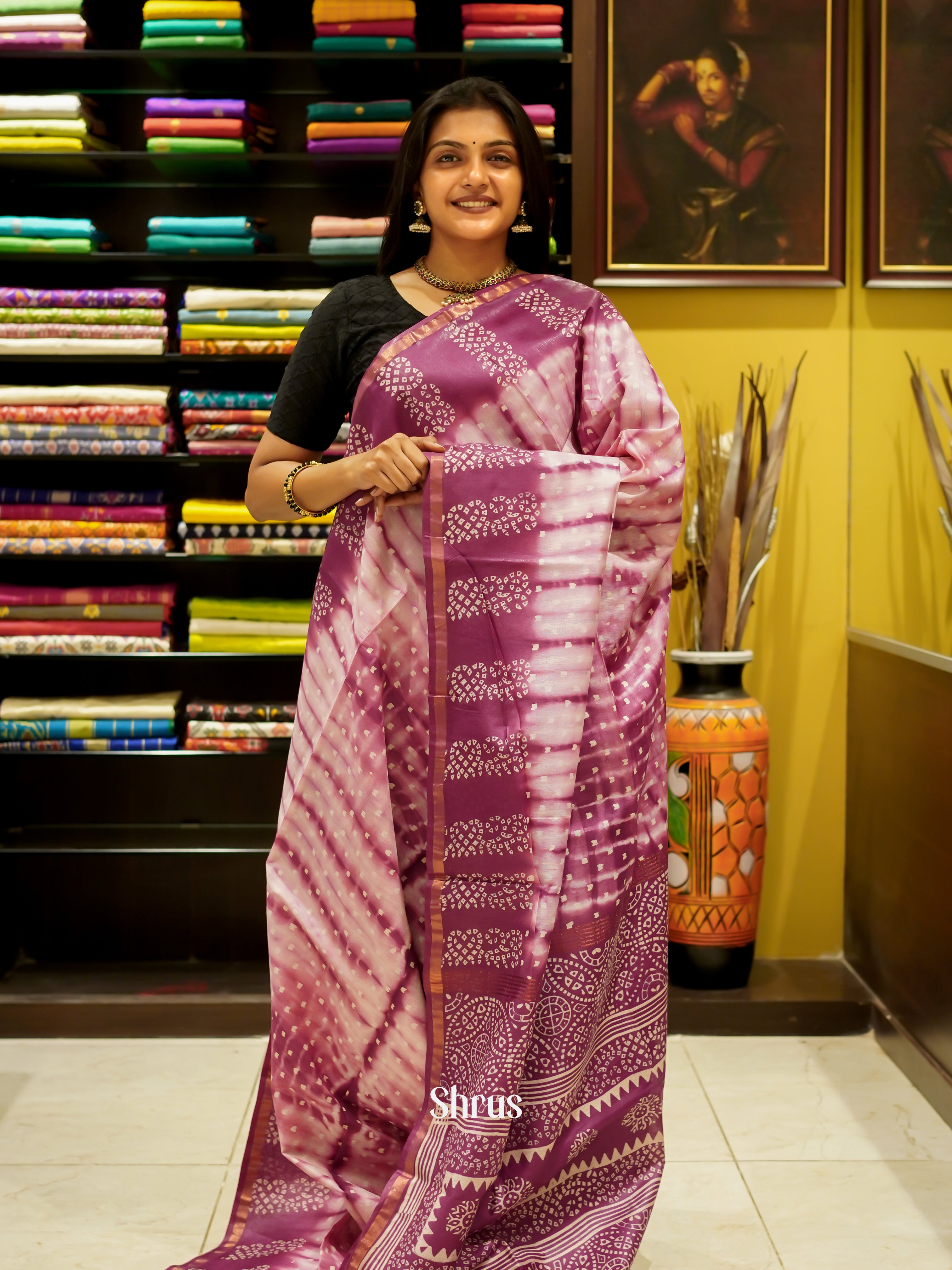 Cream & Purple - Bhatik Saree - Shop on ShrusEternity.com