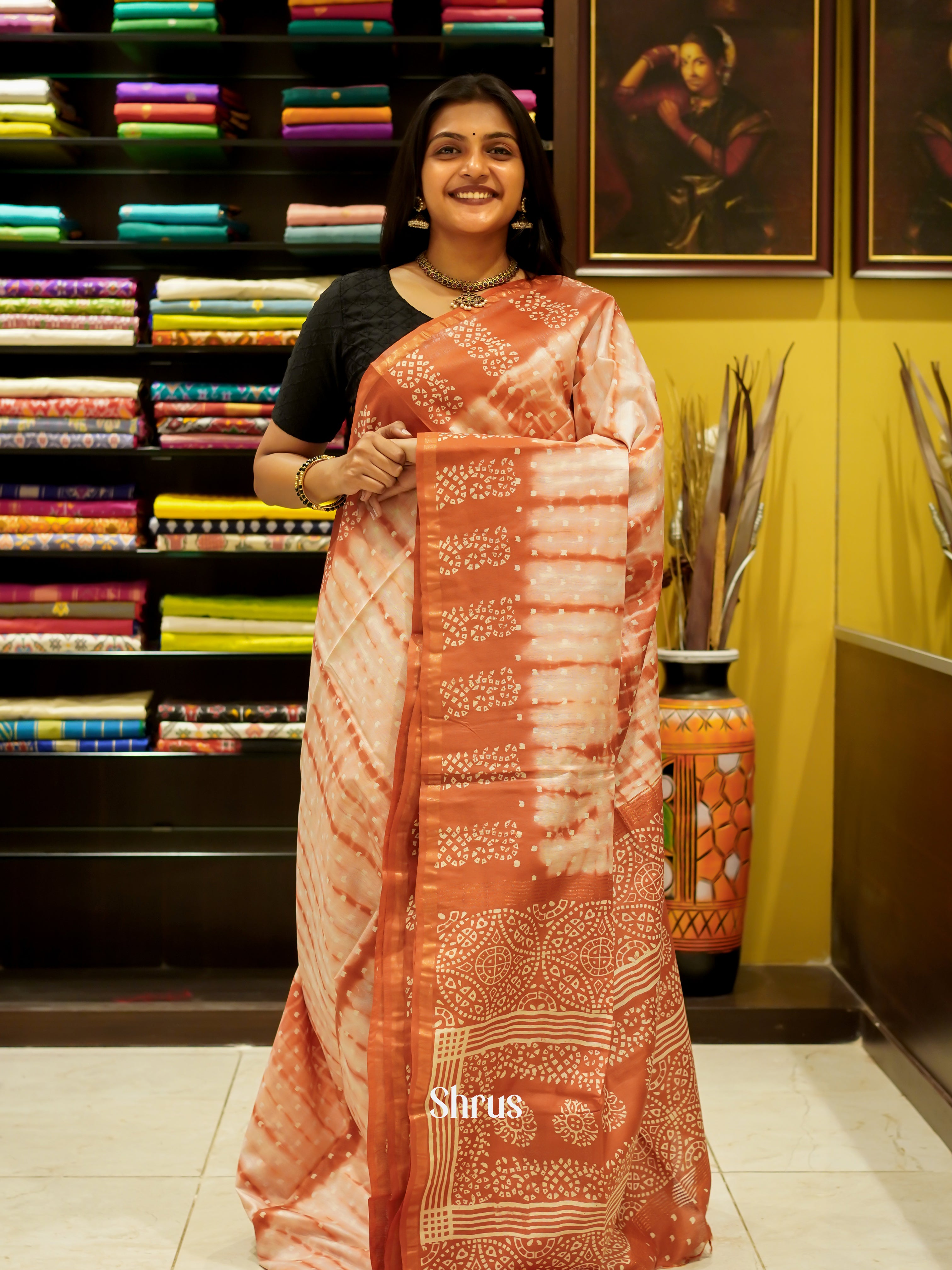 Cream & Brick Orange - Bhatik Saree - Shop on ShrusEternity.com