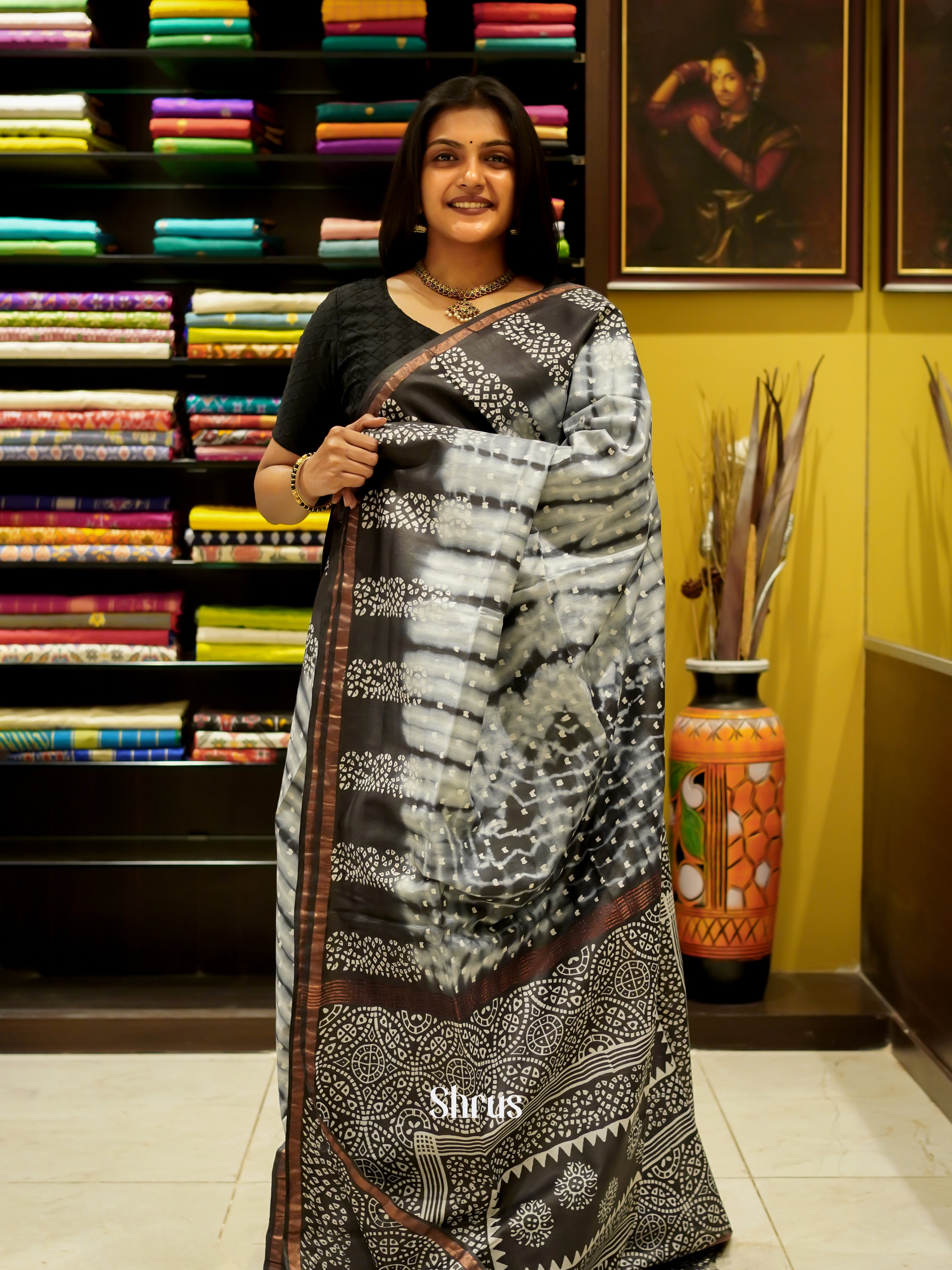 Cream & Black - Bhatik Saree - Shop on ShrusEternity.com