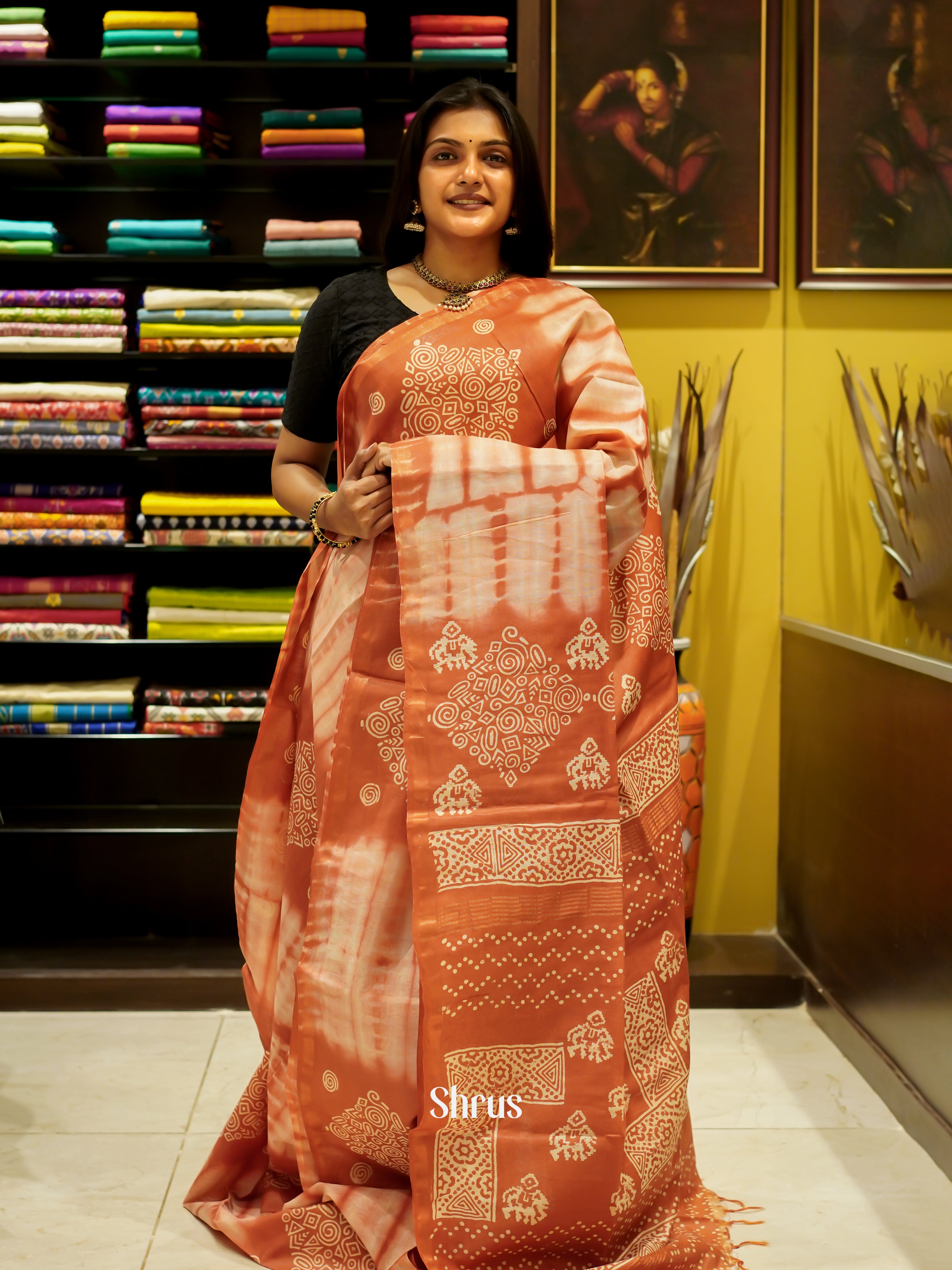 Cream & Brick Orange - Bhatik Saree - Shop on ShrusEternity.com