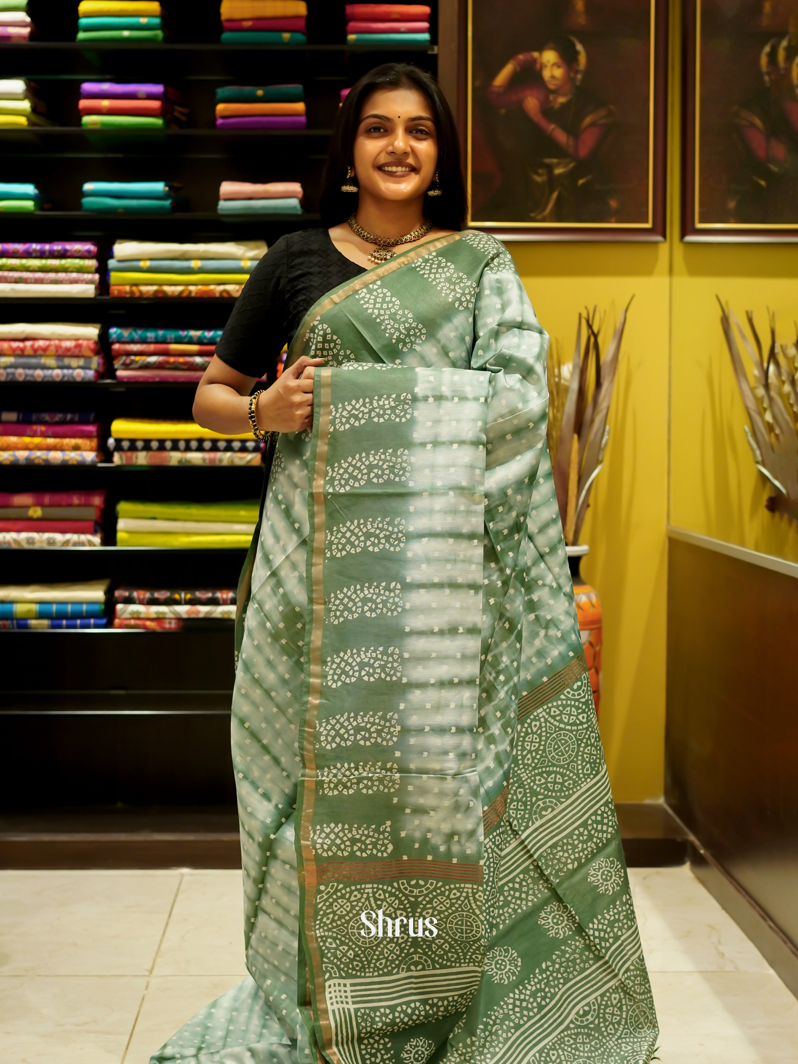 Cream & Green - Bhatik Saree - Shop on ShrusEternity.com