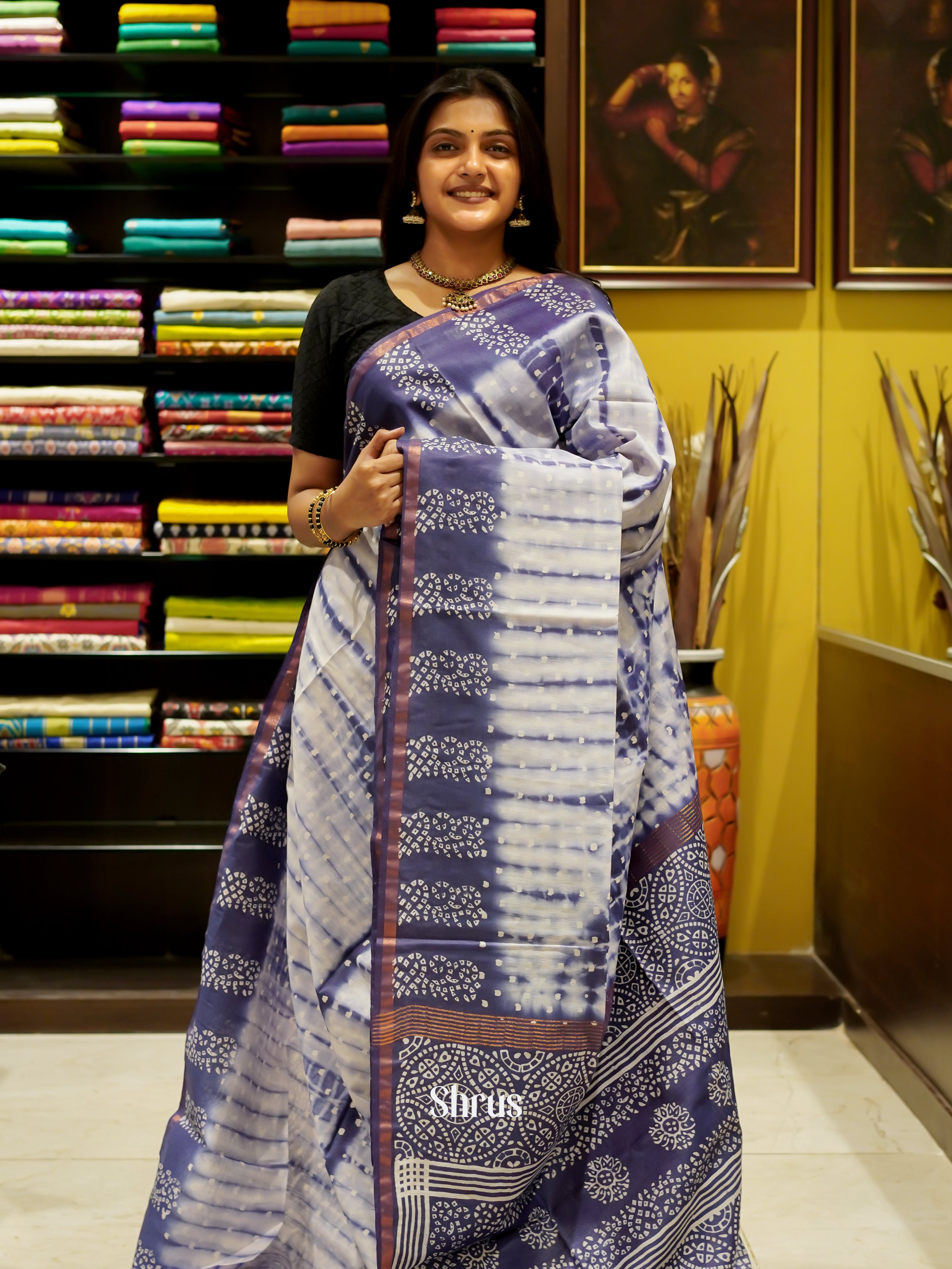 Cream & Blue- Bhatik Saree - Shop on ShrusEternity.com