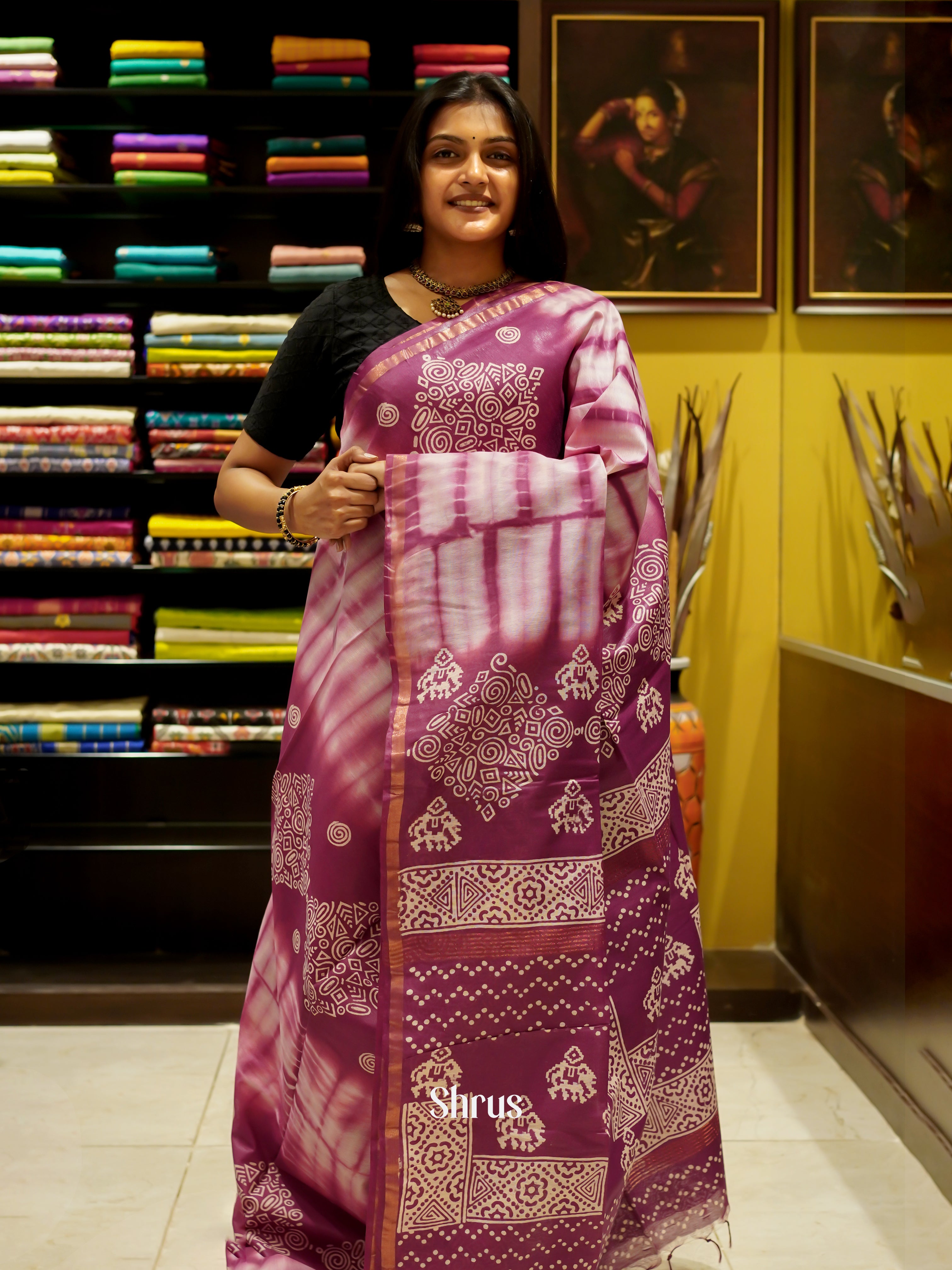 Cream & Purple - Bhatik Saree - Shop on ShrusEternity.com