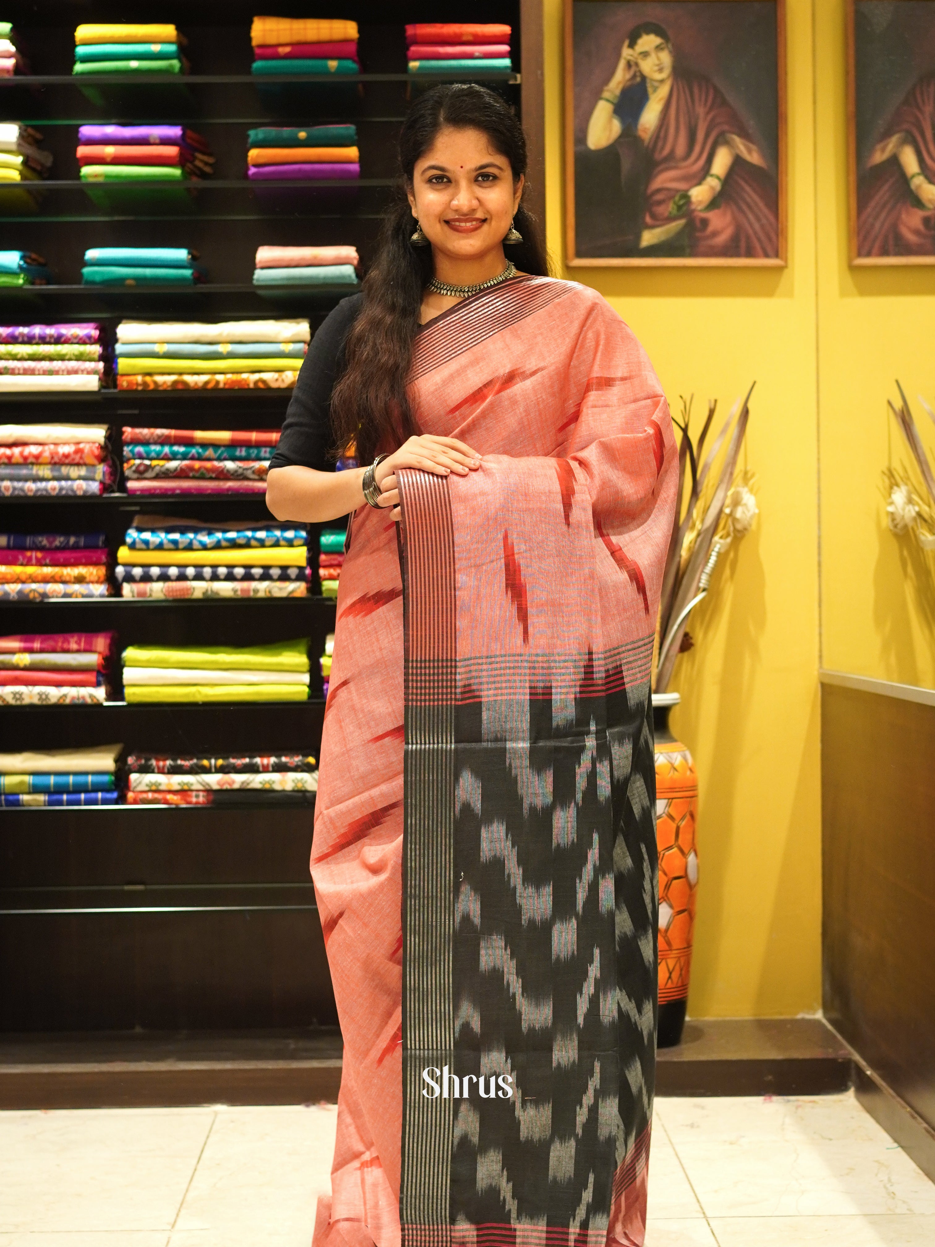 Peach & Black - Semi Ikkat Saree - Shop on ShrusEternity.com