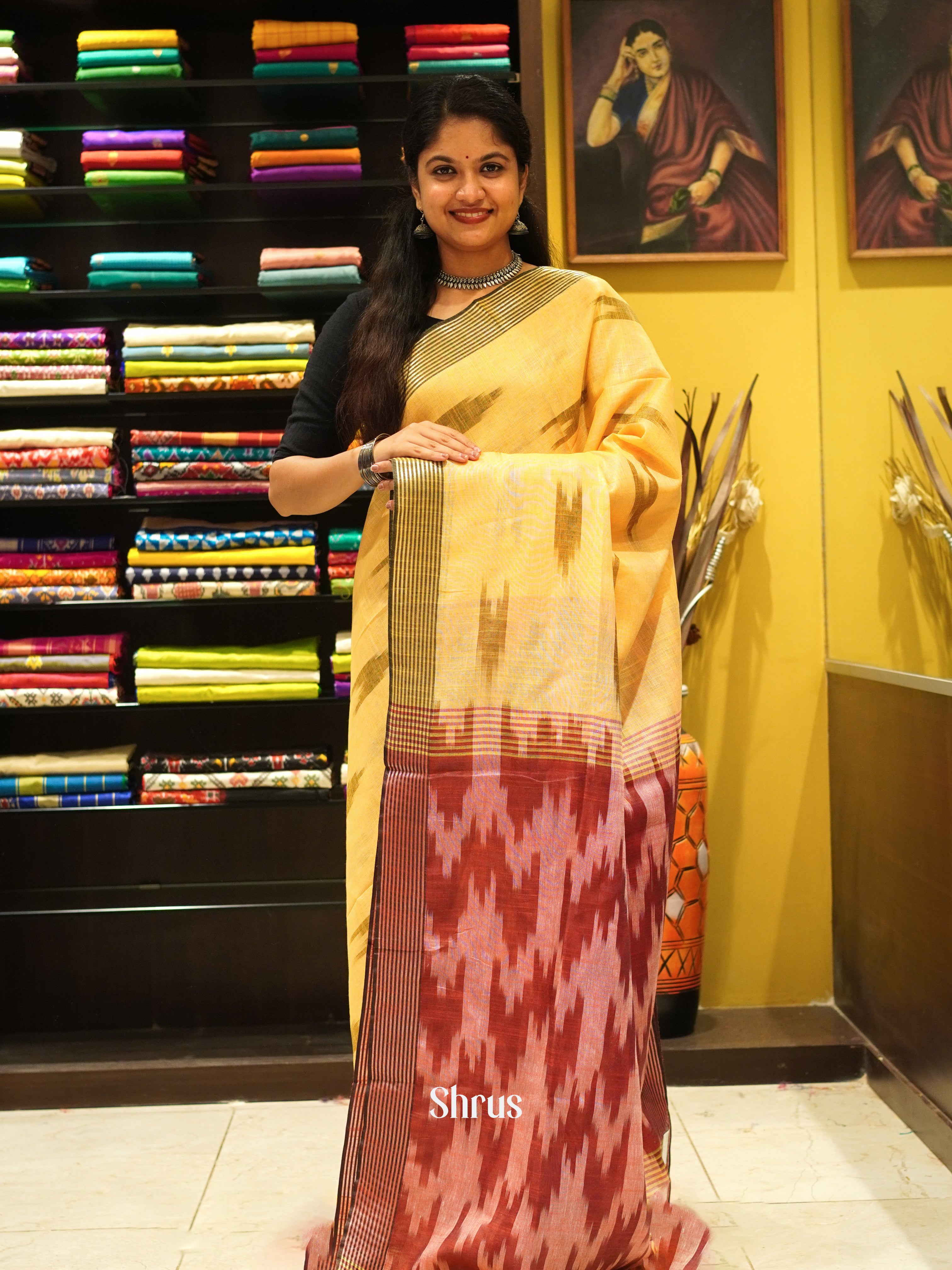 Yellow & Pink - Semi Ikkat Saree - Shop on ShrusEternity.com