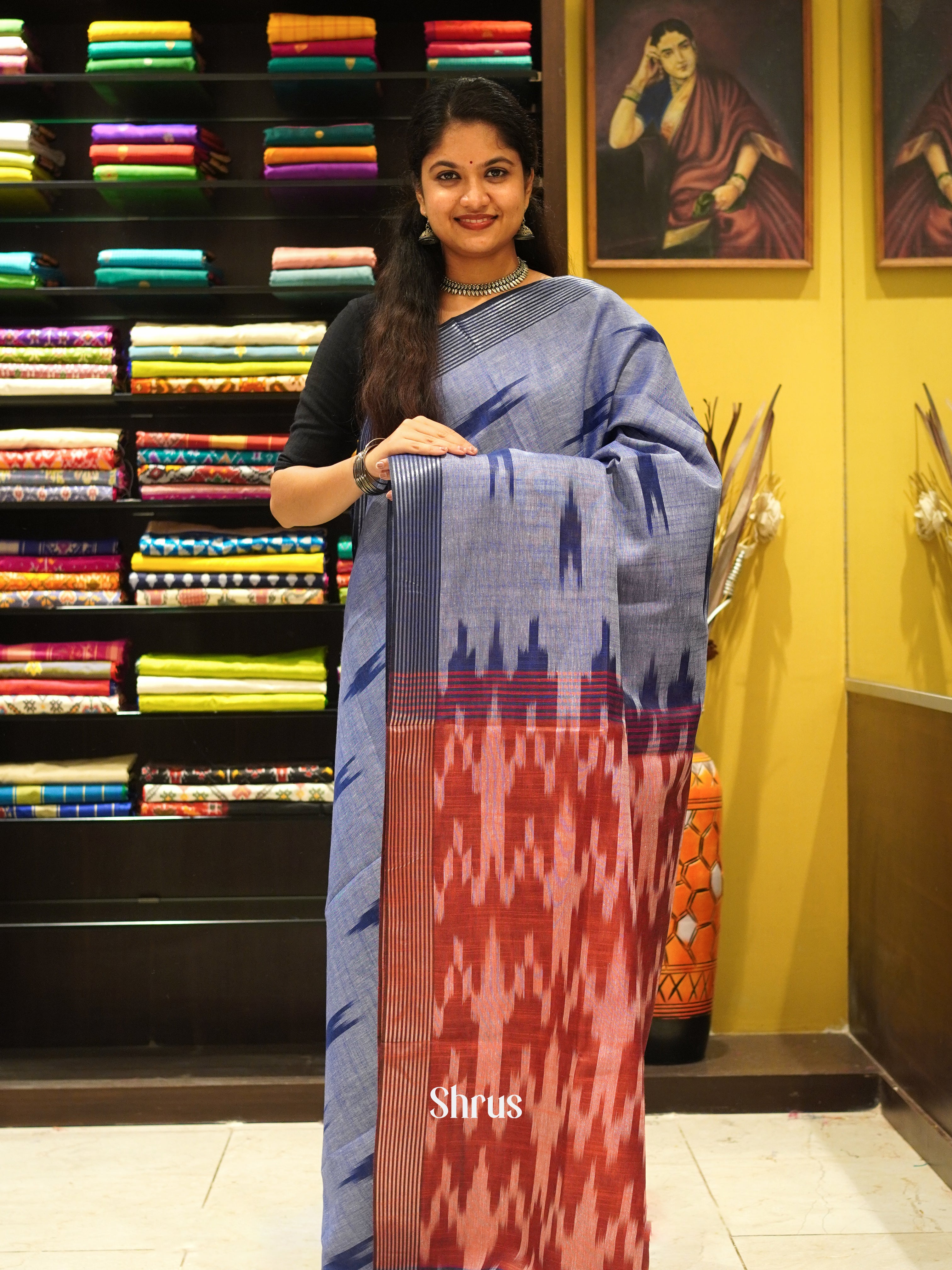 Blue & Red  - Semi Ikkat Saree - Shop on ShrusEternity.com