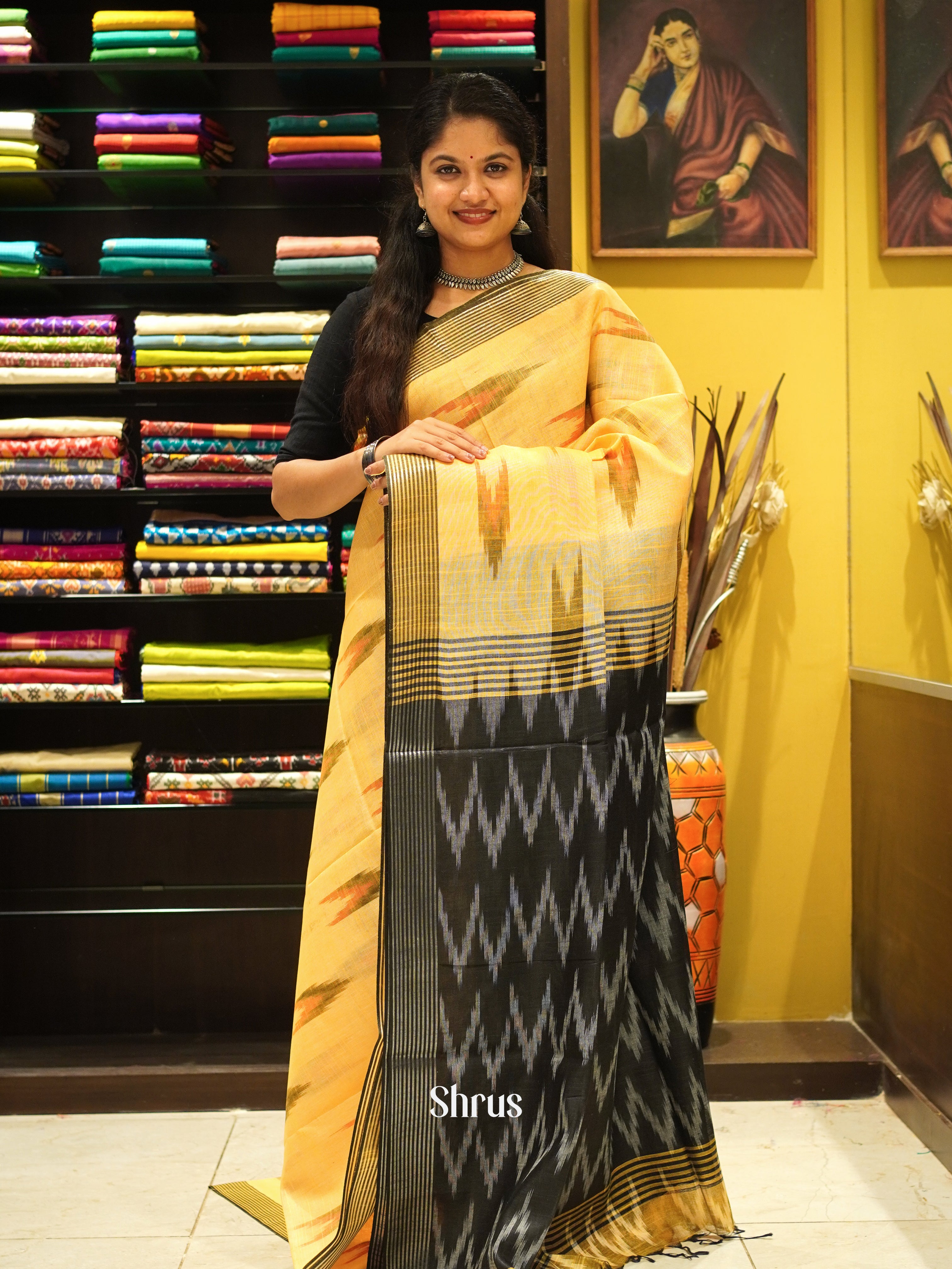 Yellow & Black - Semi Ikkat Saree - Shop on ShrusEternity.com