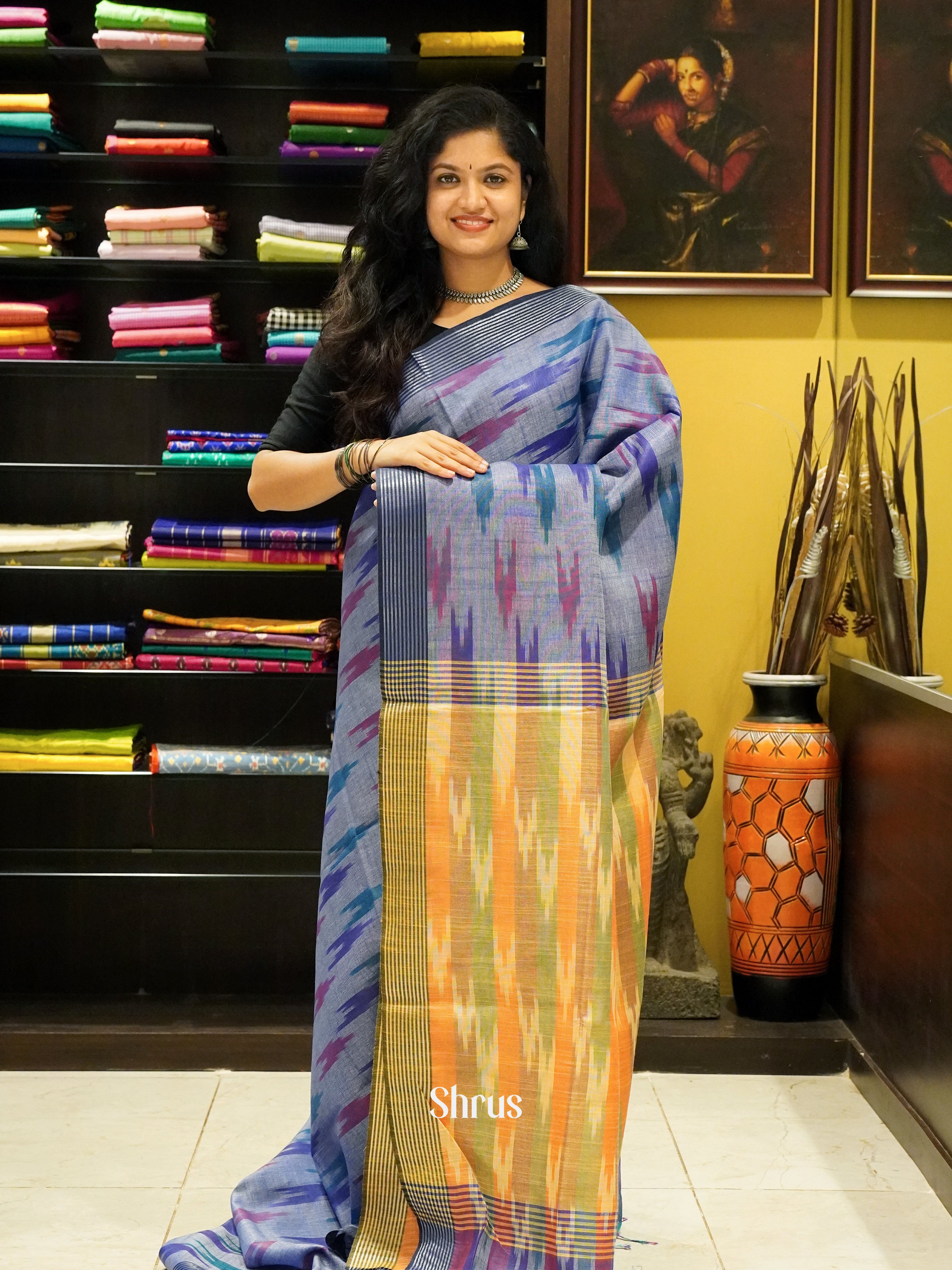 Purple & Orange - Semi Ikkat Saree