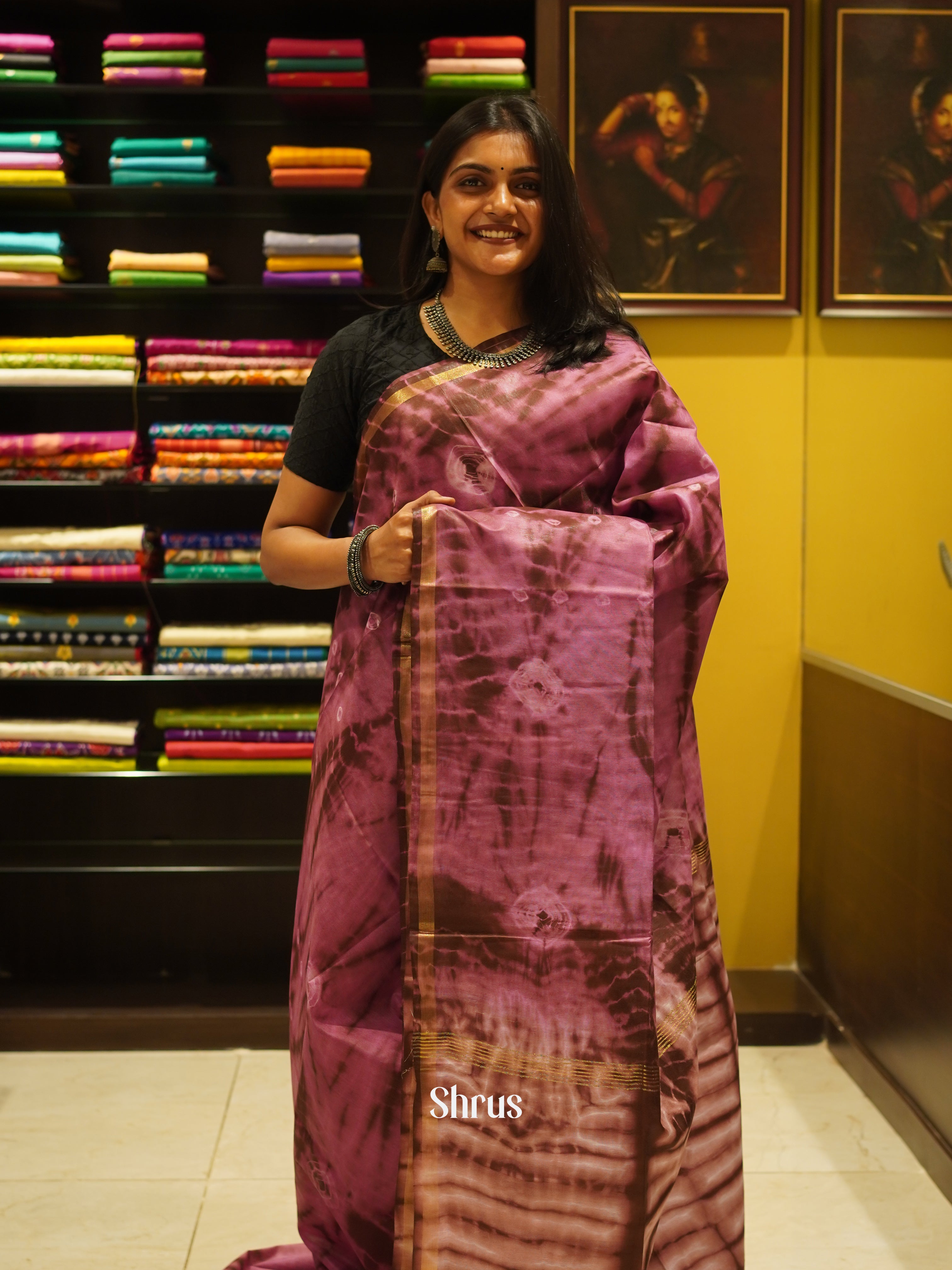 Pink & Brown - Shibori Saree