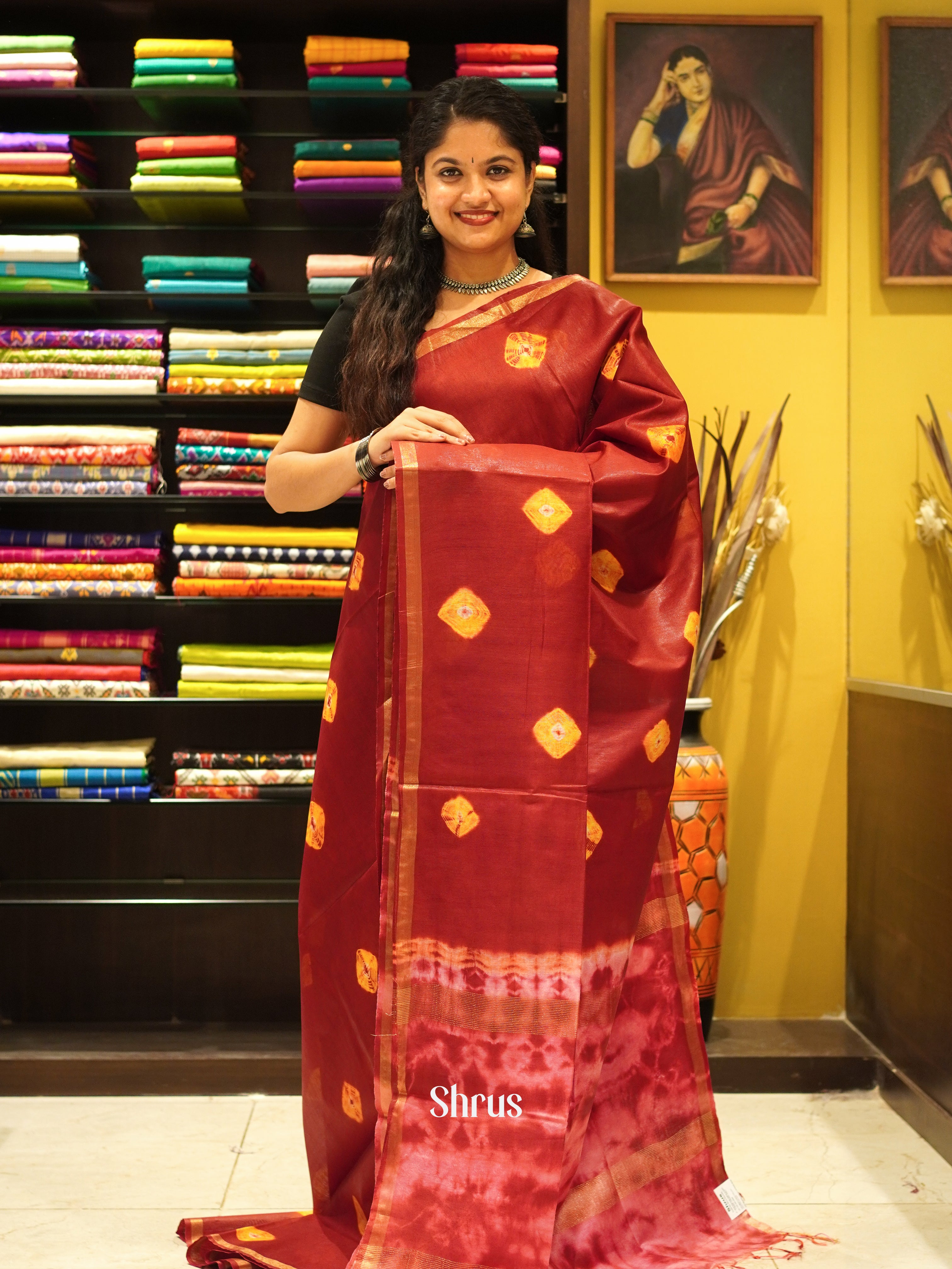 Maroon & Yellow - Shibori Saree - Shop on ShrusEternity.com