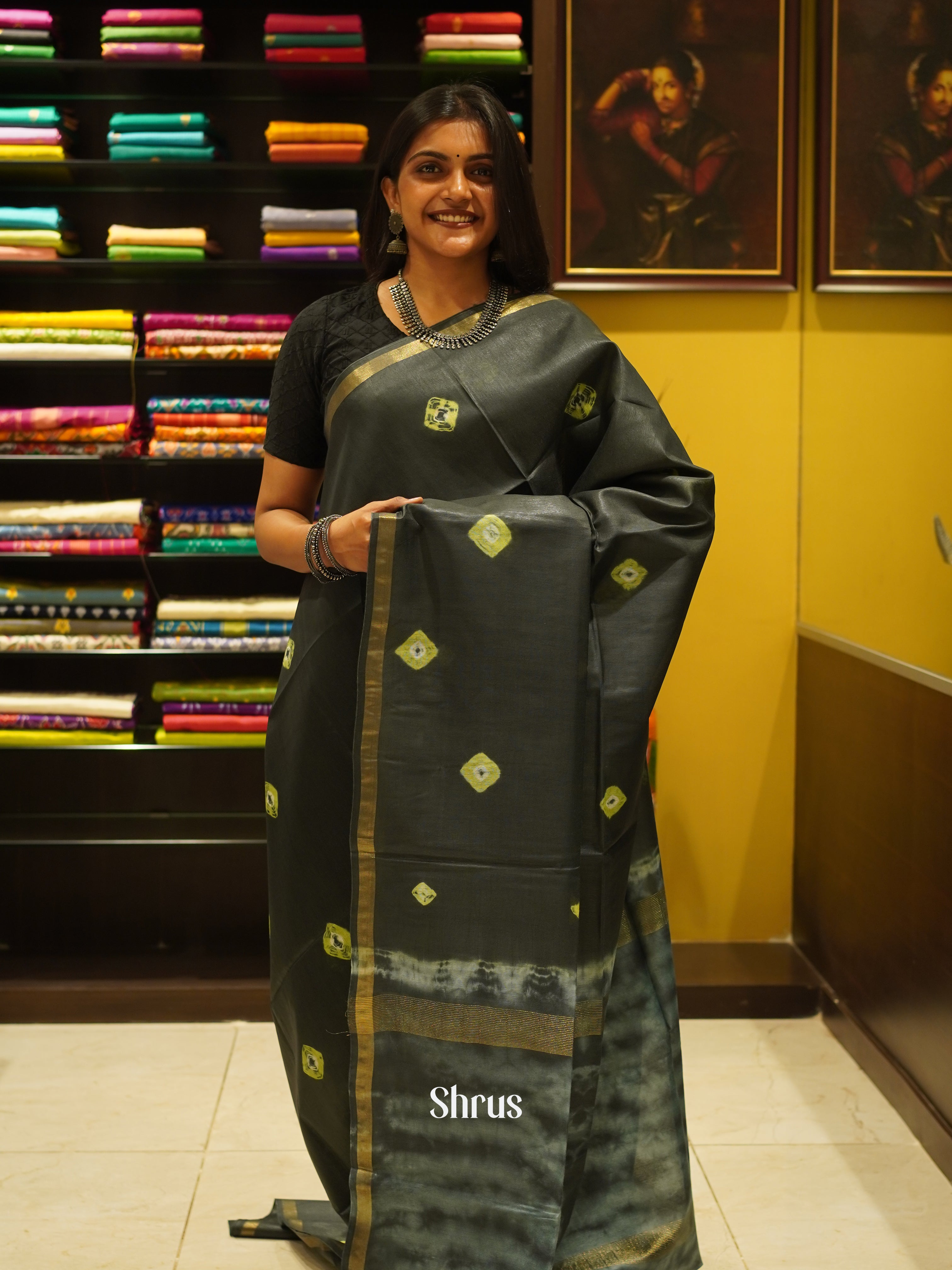 Army Green & Yellow - Shibori Saree