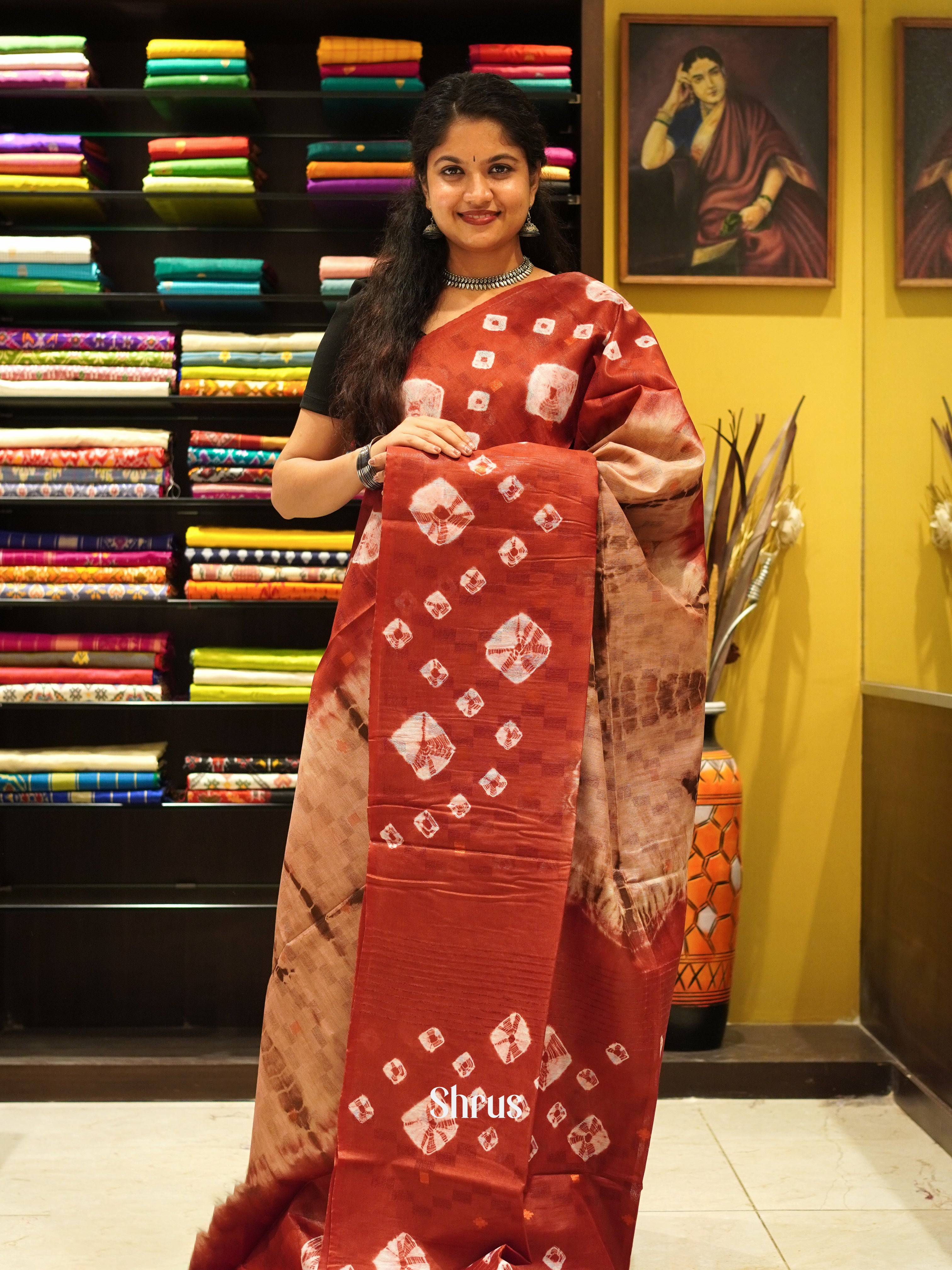 Brown & Red - Shibori Saree - Shop on ShrusEternity.com