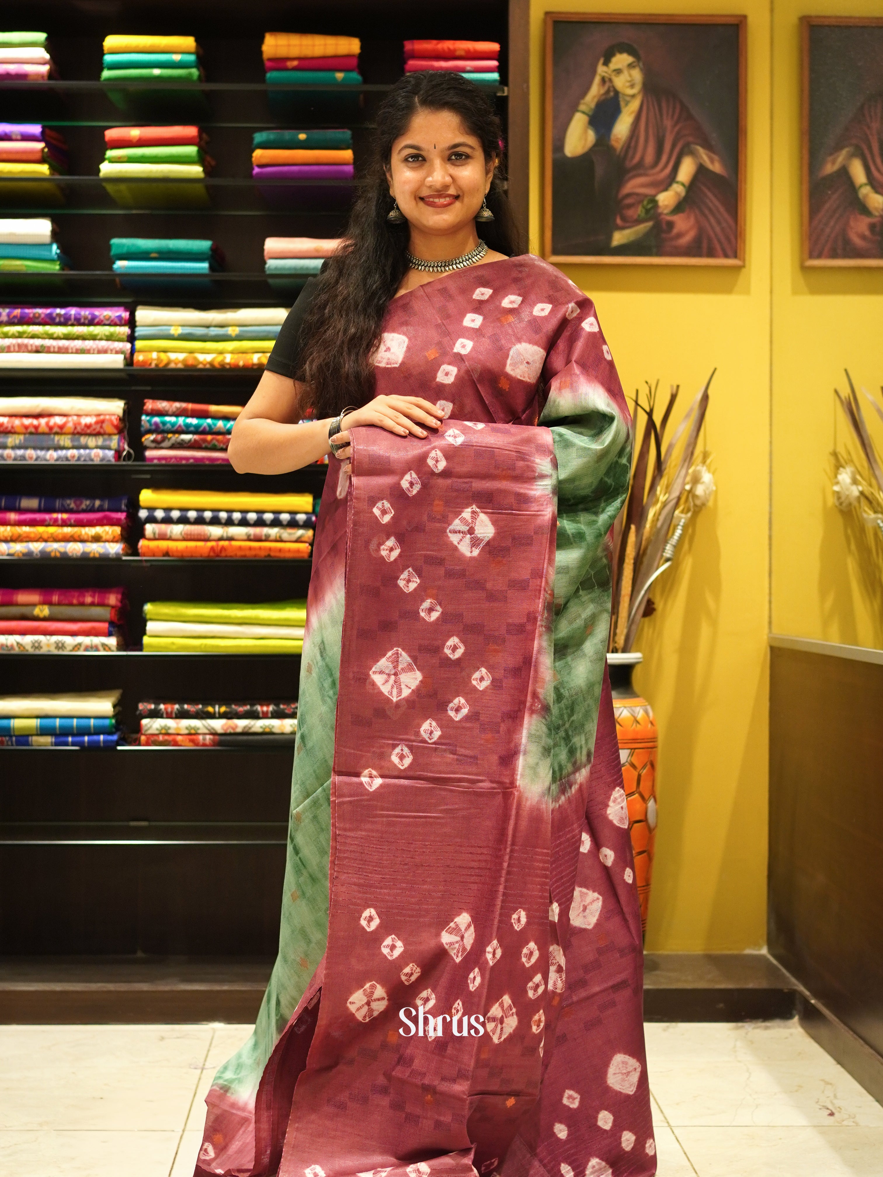 Green & Maroon - Shibori Saree - Shop on ShrusEternity.com