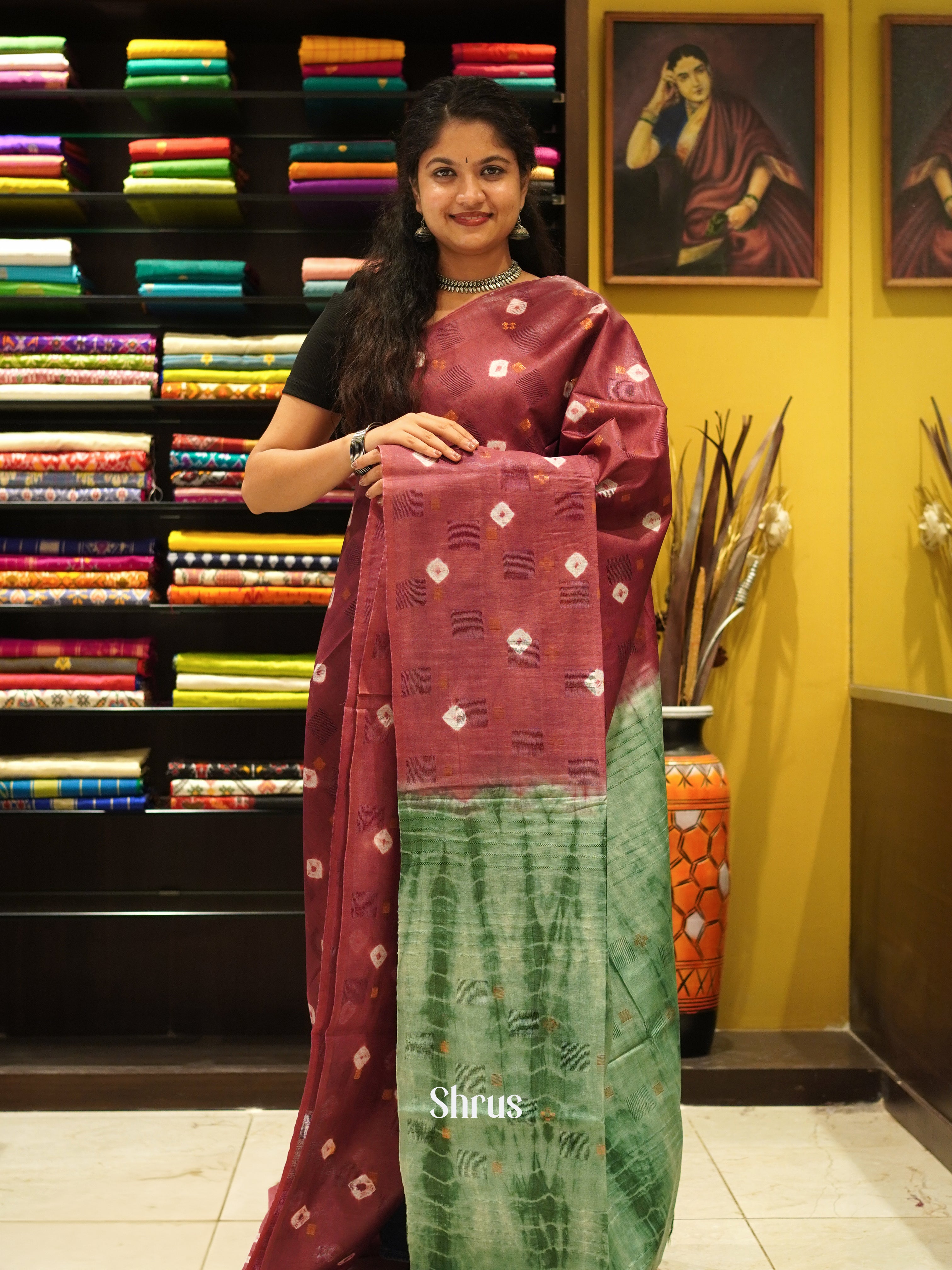 Brown & Green - Shibori Saree - Shop on ShrusEternity.com