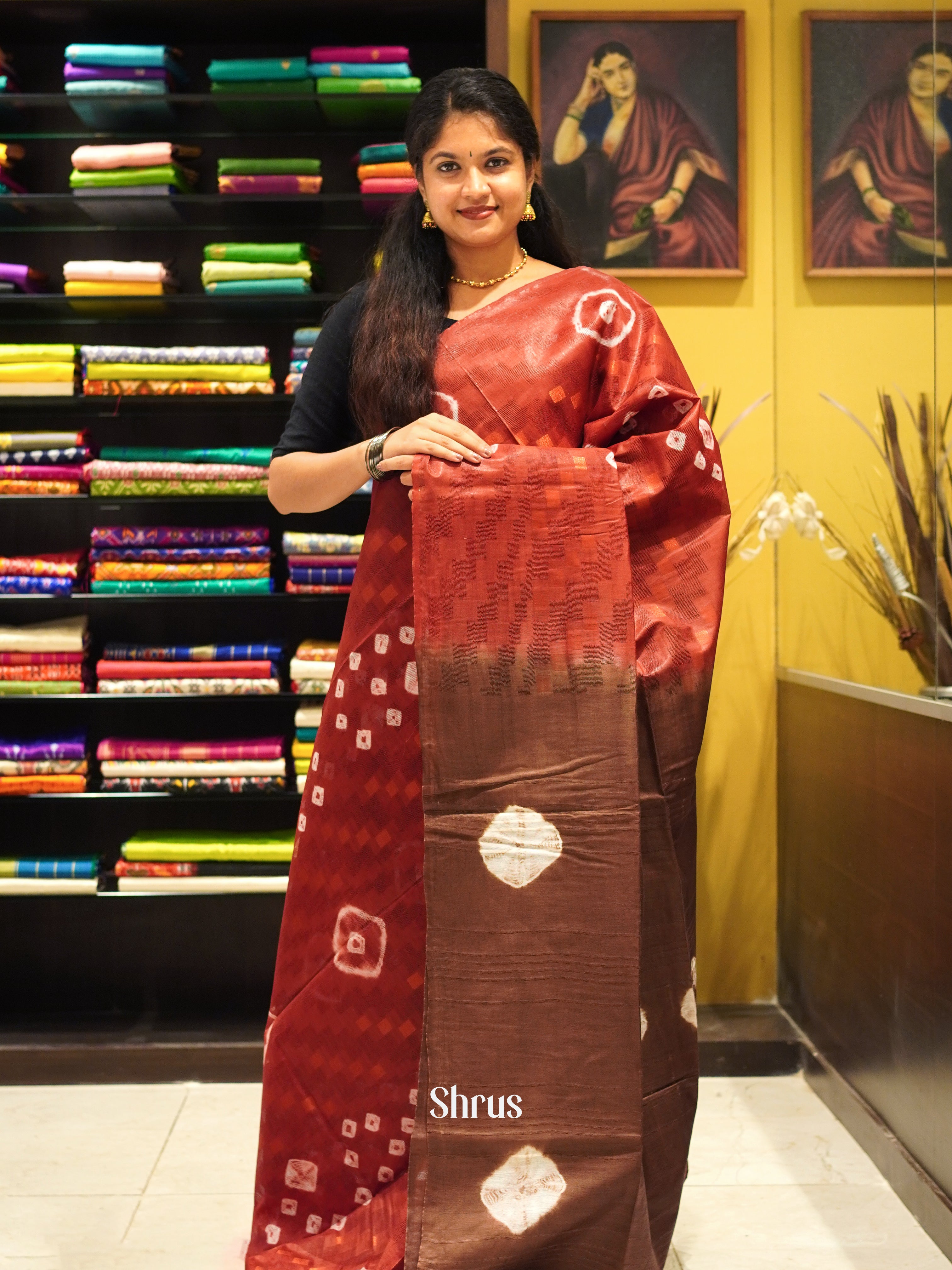 Red & Brown - Shibori Saree - Shop on ShrusEternity.com