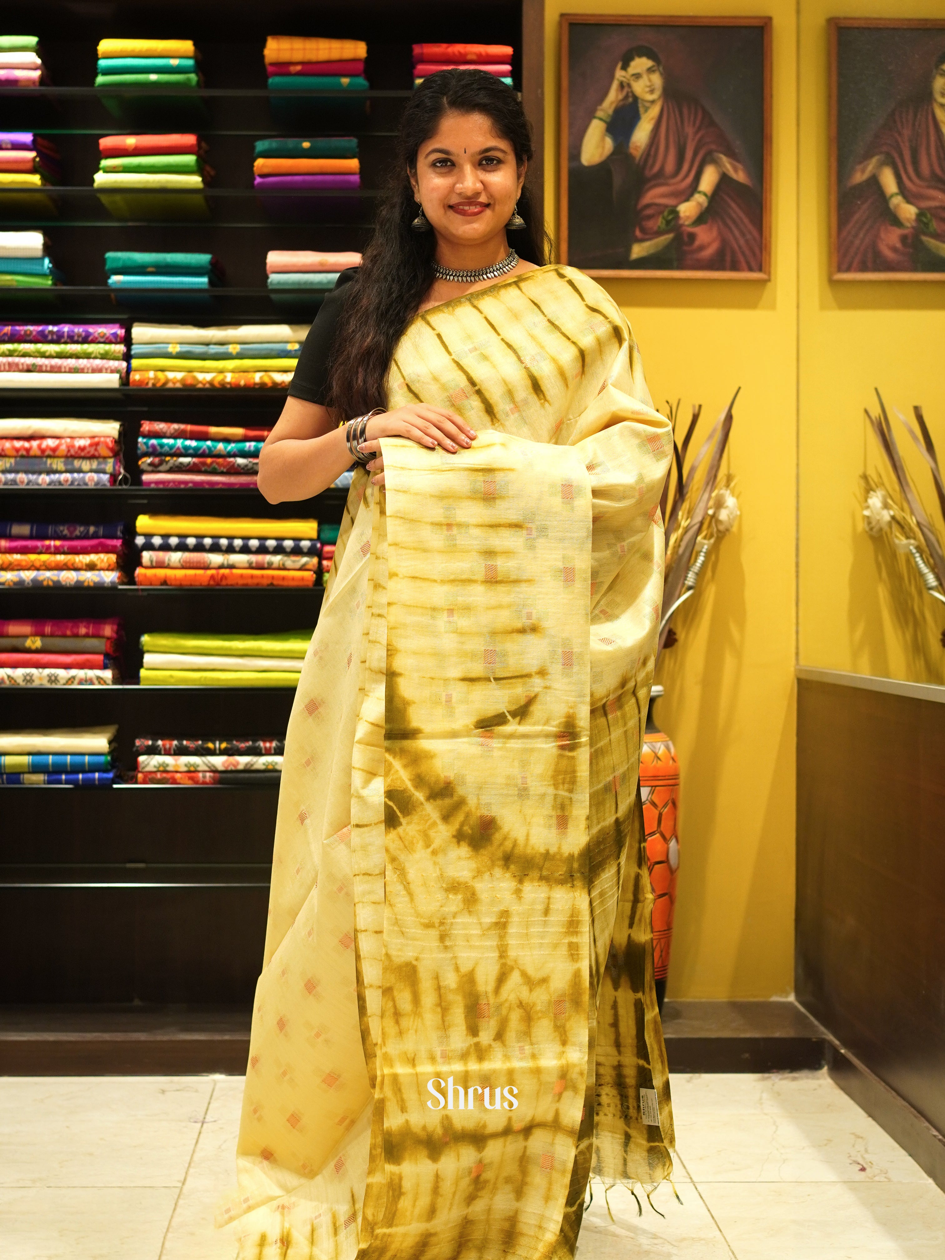 Cream & Green - Shibori Saree - Shop on ShrusEternity.com