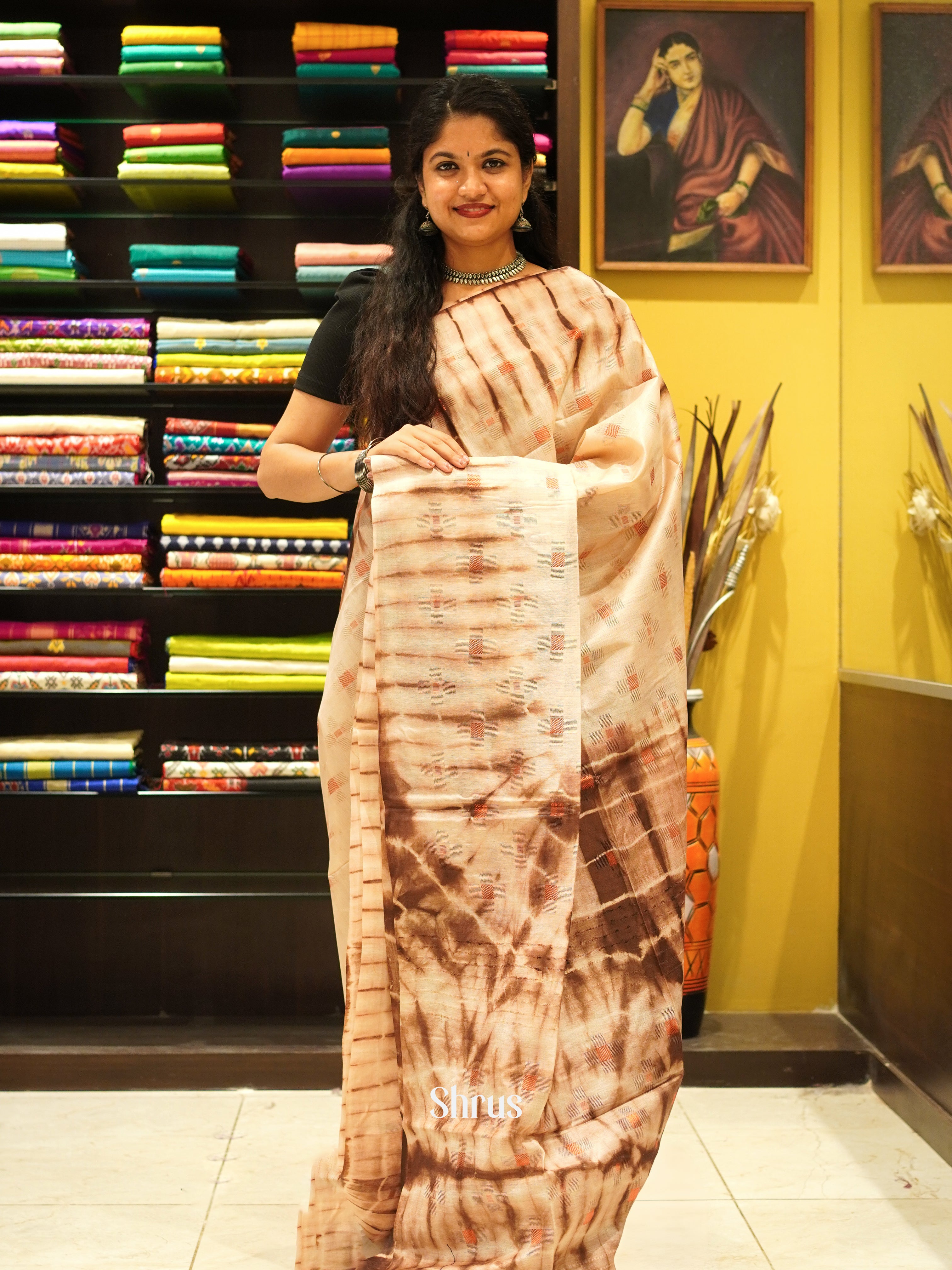 Cream & Brown - Shibori Saree - Shop on ShrusEternity.com