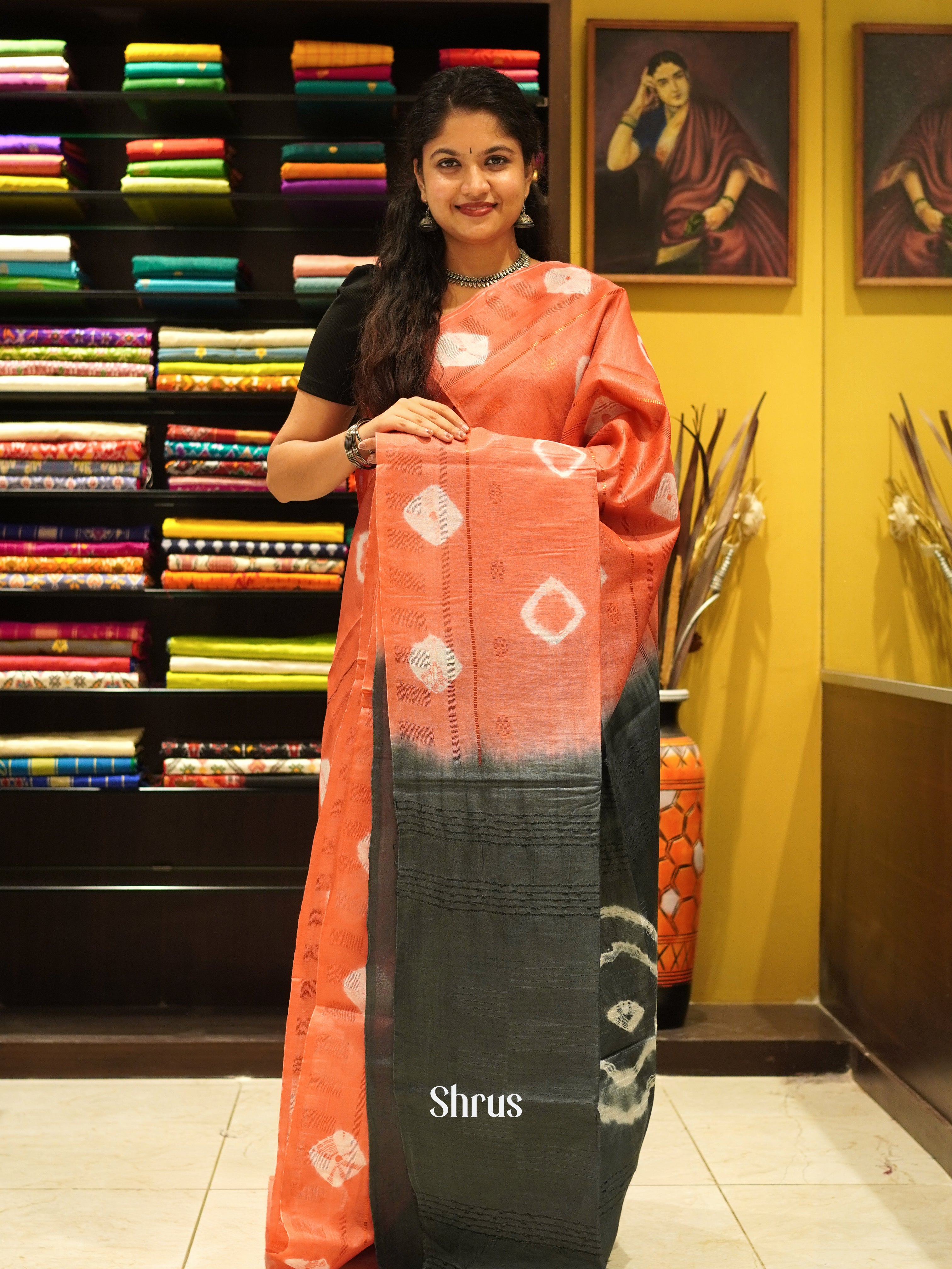 Peach  & Grey - Shibori Saree - Shop on ShrusEternity.com