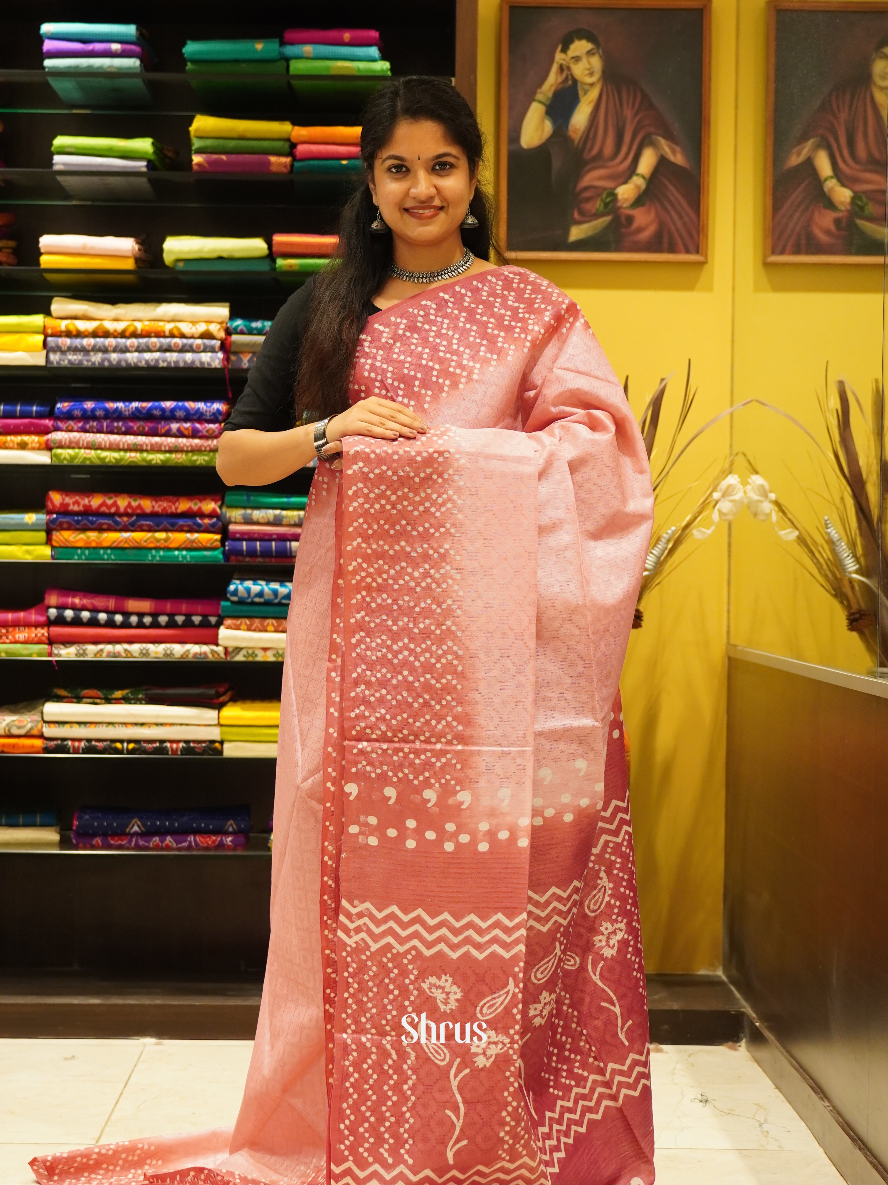 Pink & Red - Semi Tussar Saree - Shop on ShrusEternity.com