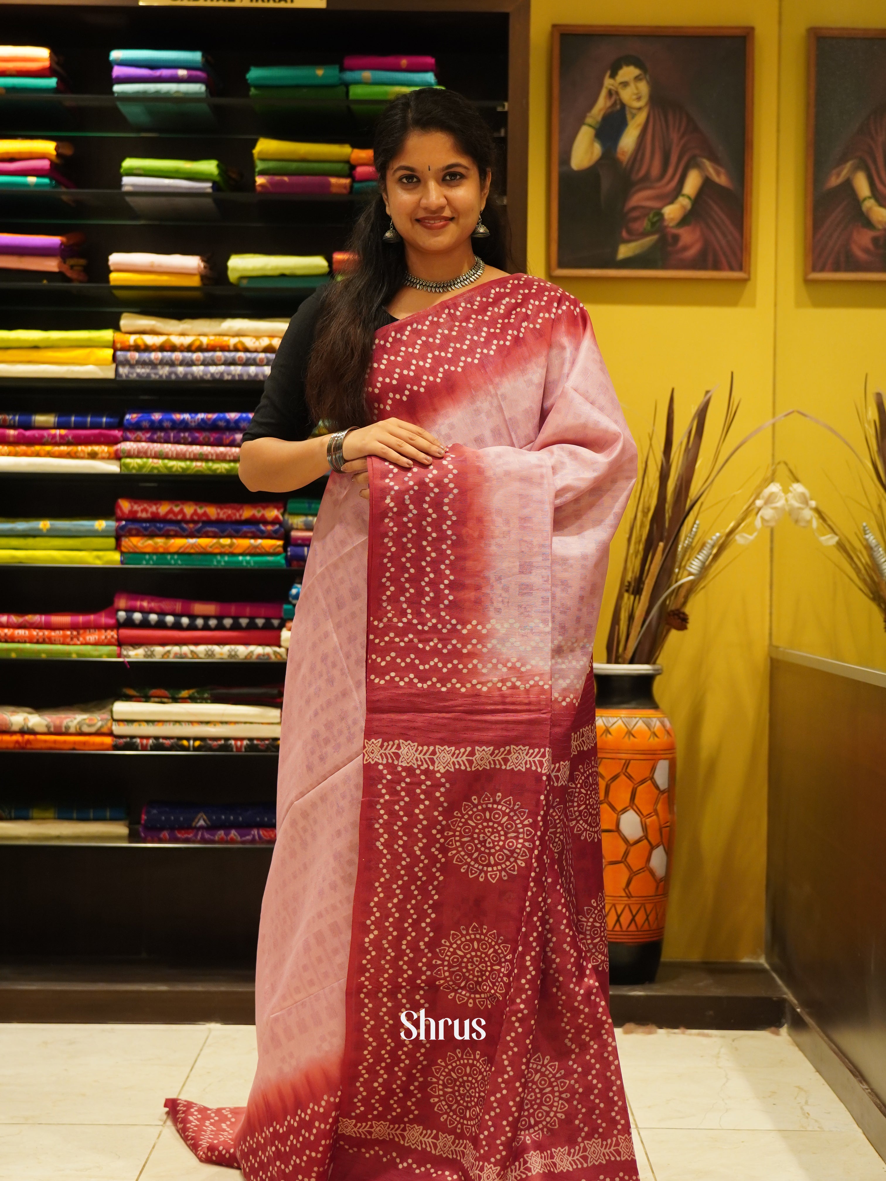 Pink & Maroon- Semi Tussar Saree - Shop on ShrusEternity.com