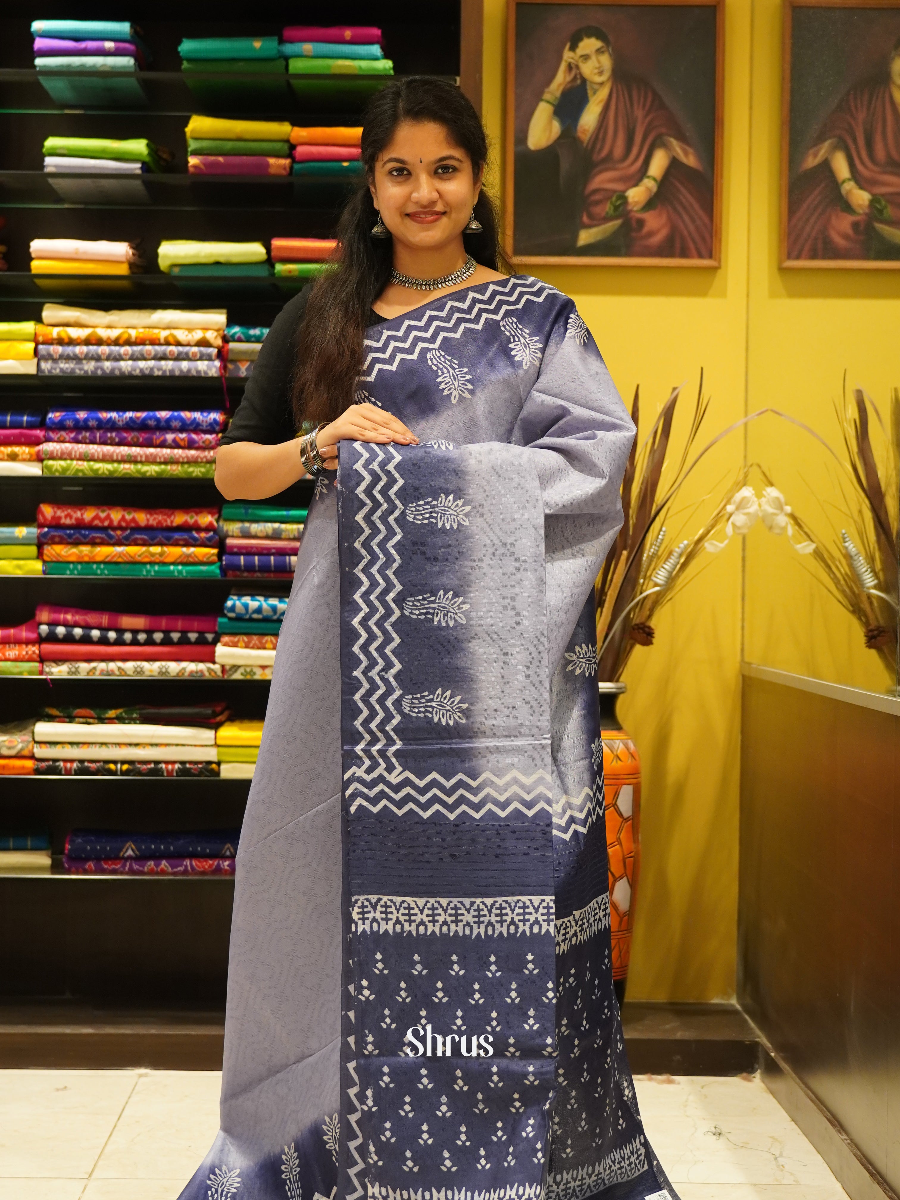 Grey & Blue - Semi Tussar Saree - Shop on ShrusEternity.com