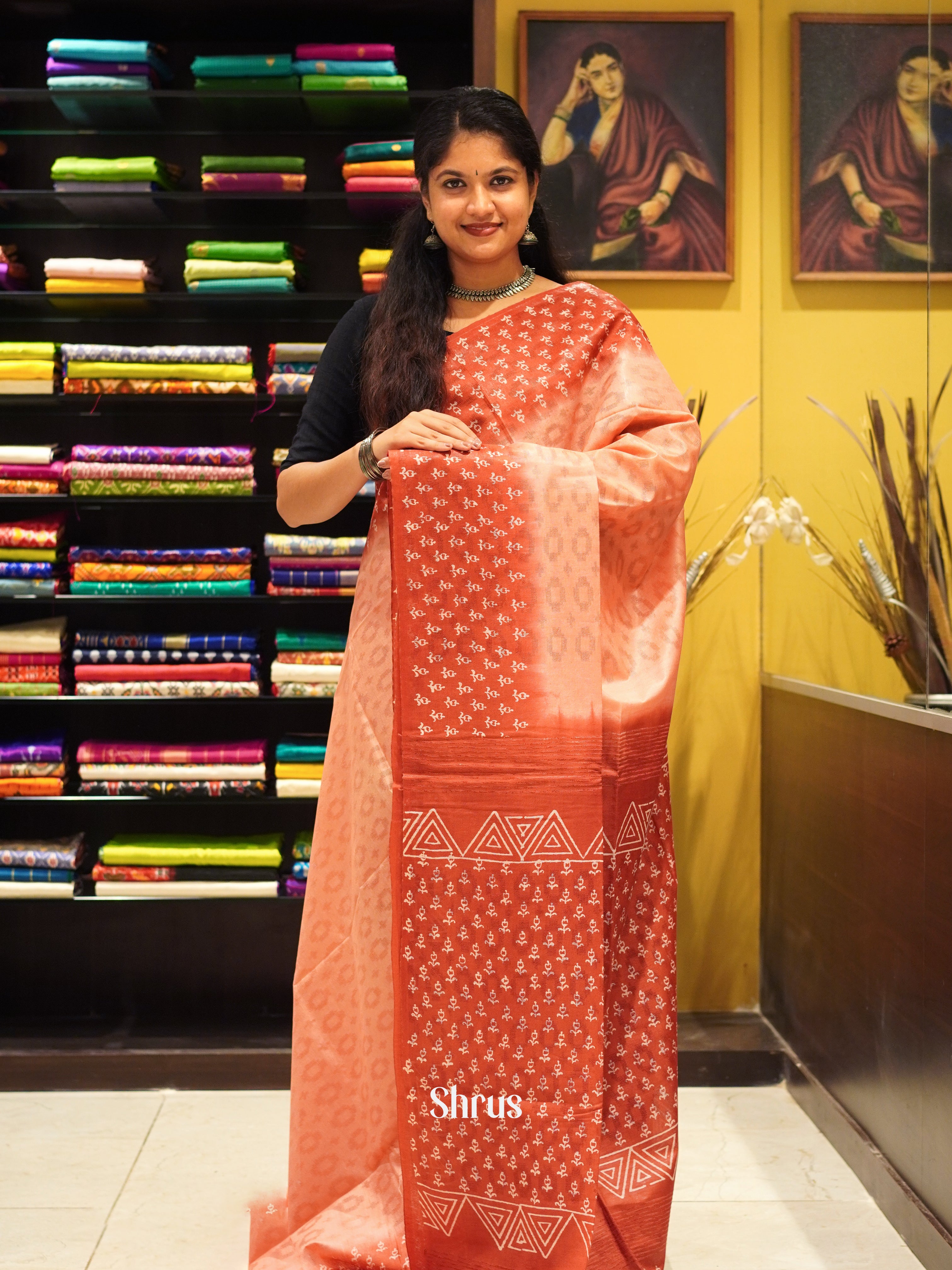 Peachish Pink & Red - Semi Tussar Saree - Shop on ShrusEternity.com