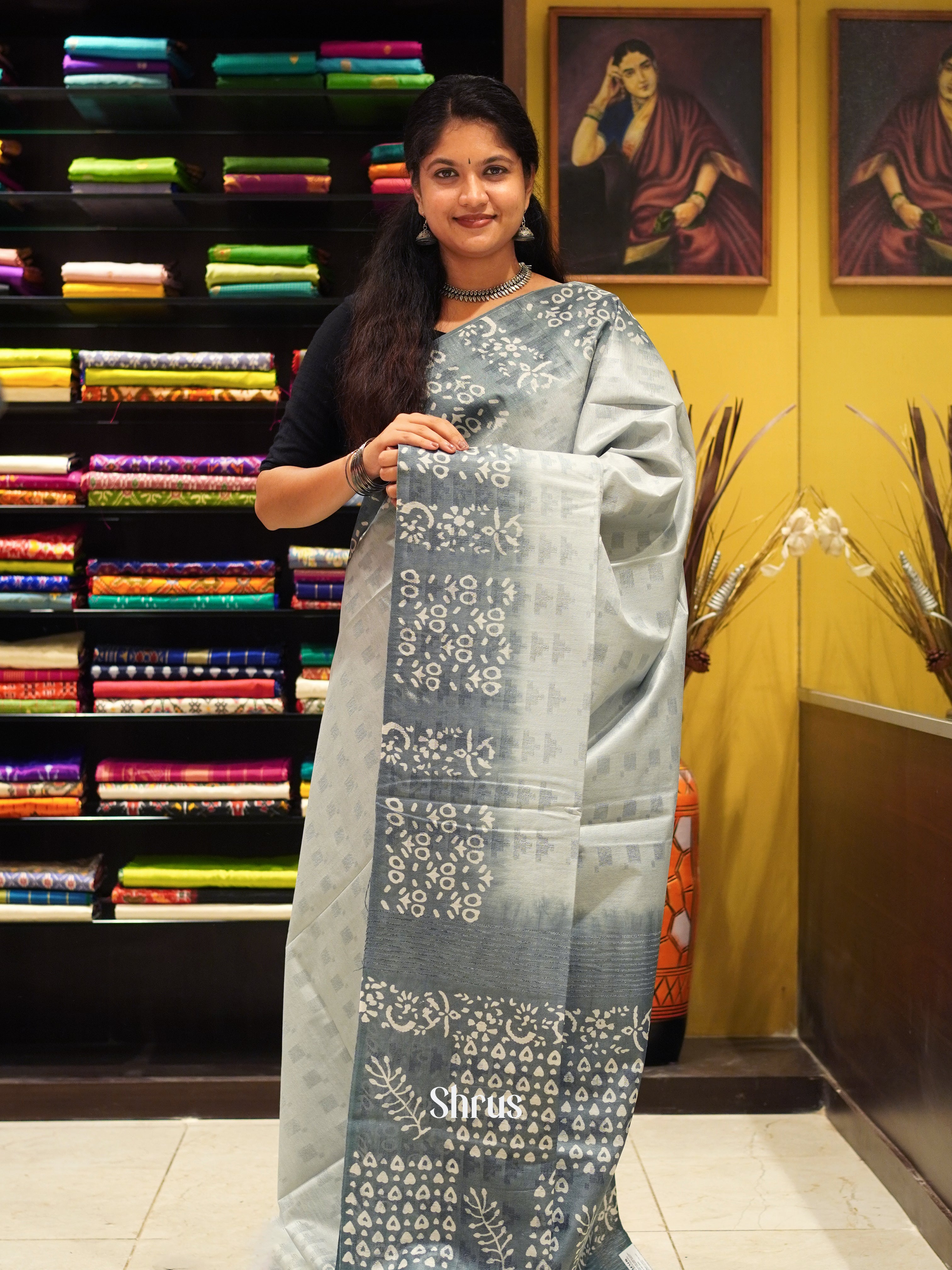 Grey - Semi Tussar Saree - Shop on ShrusEternity.com