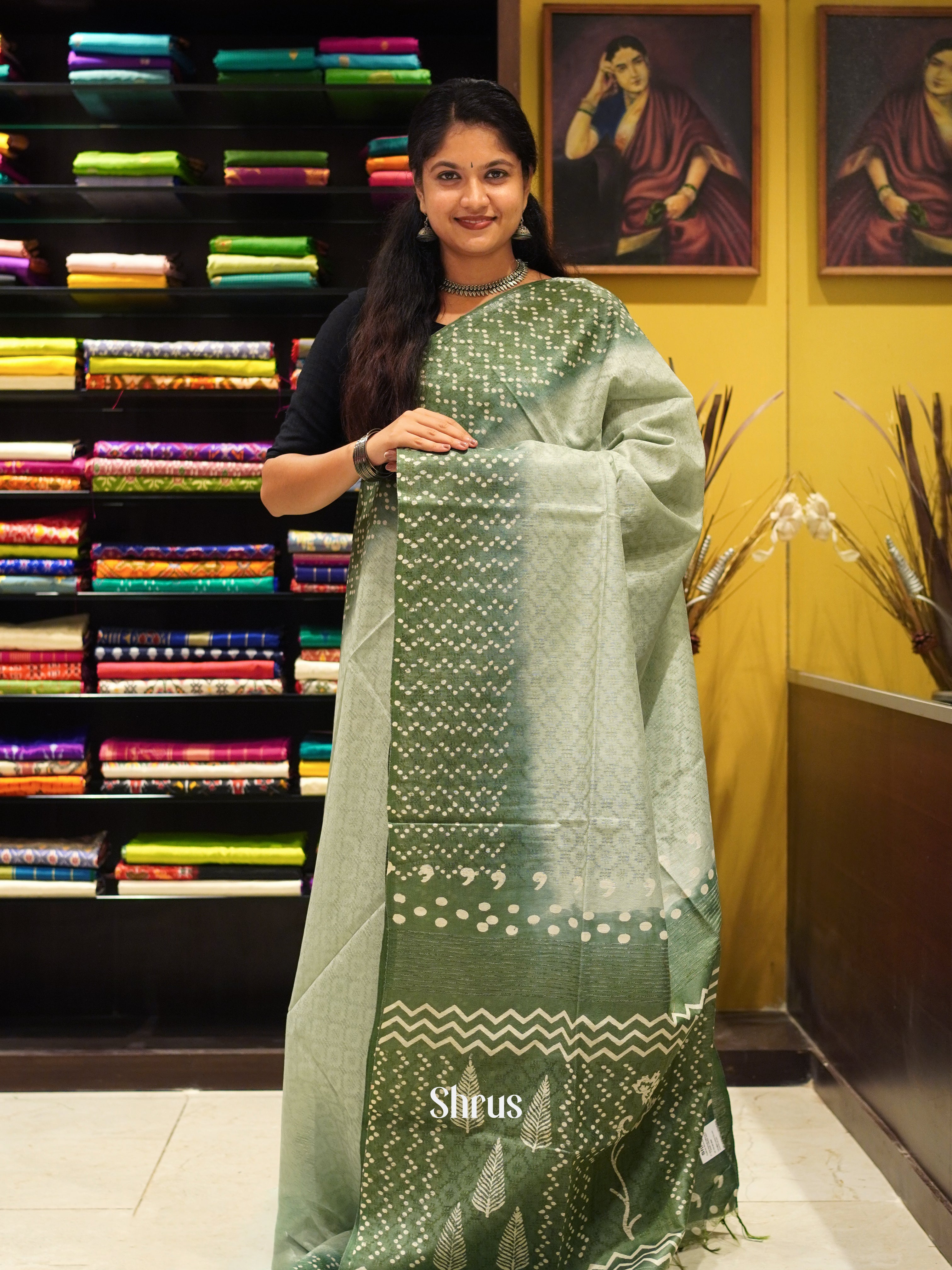 Grey & Green - Semi Tussar Saree - Shop on ShrusEternity.com