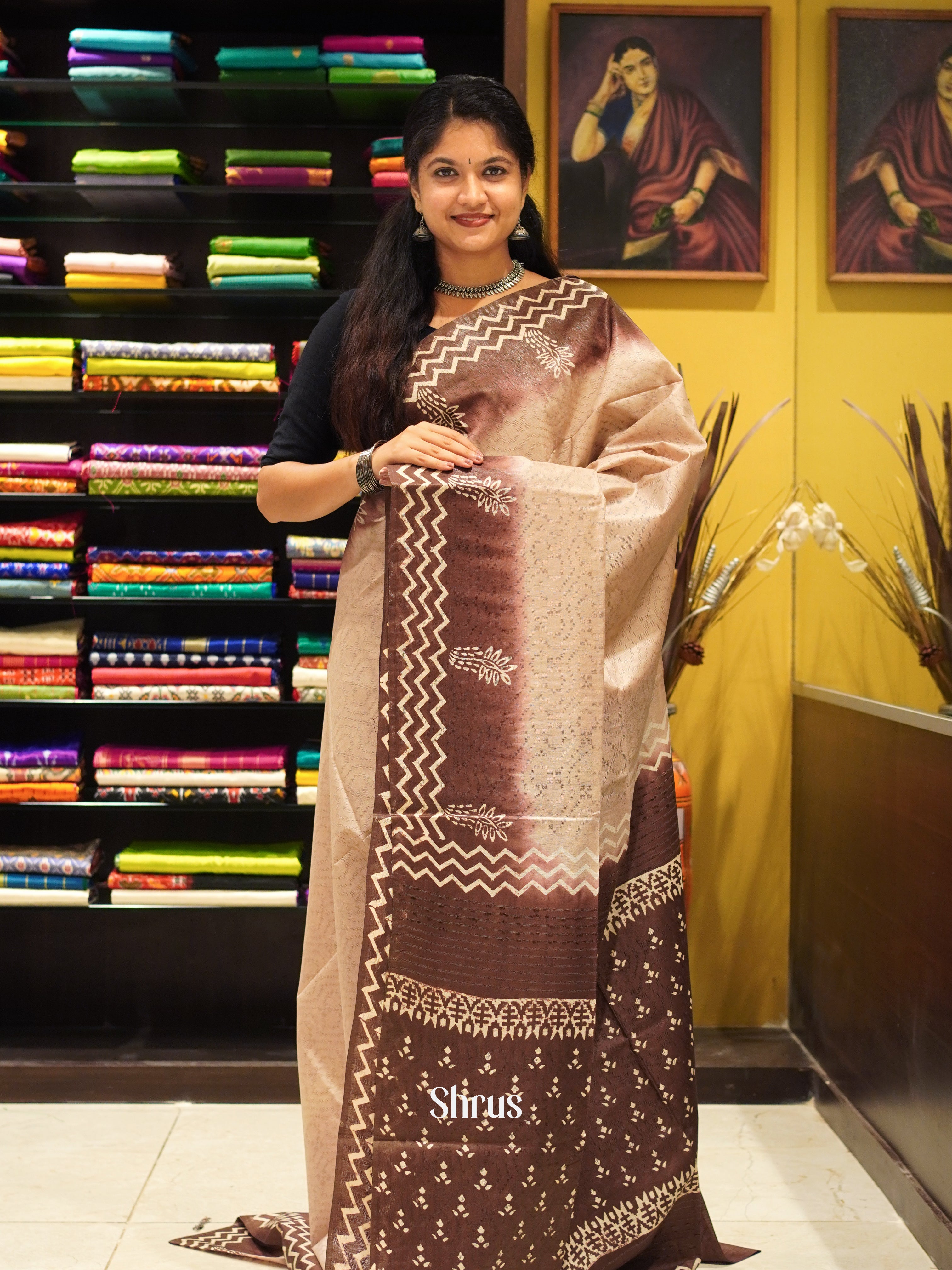 Brown - Semi Tussar Saree - Shop on ShrusEternity.com