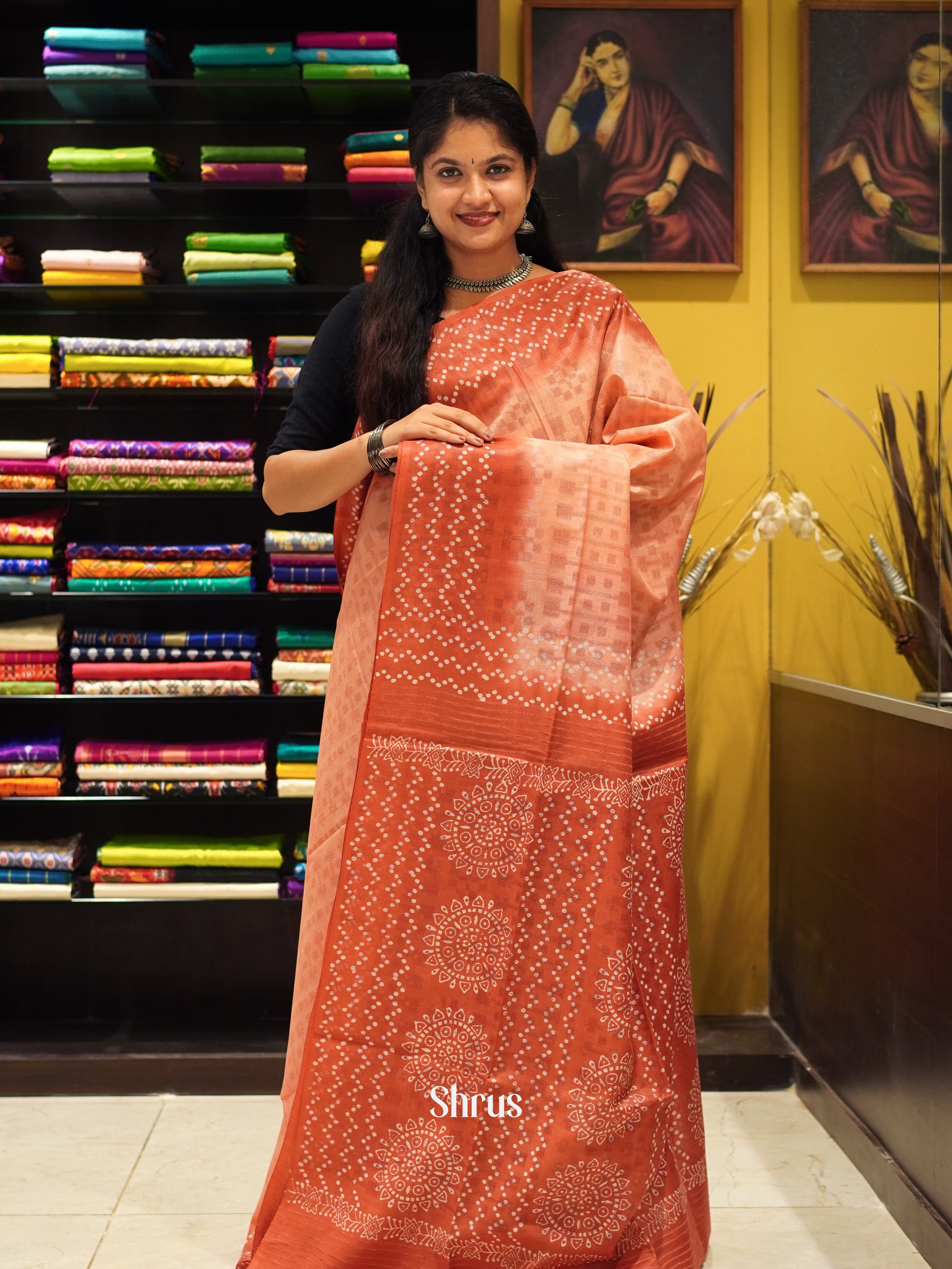 Peachish Pink & Red - Semi Tussar Saree - Shop on ShrusEternity.com