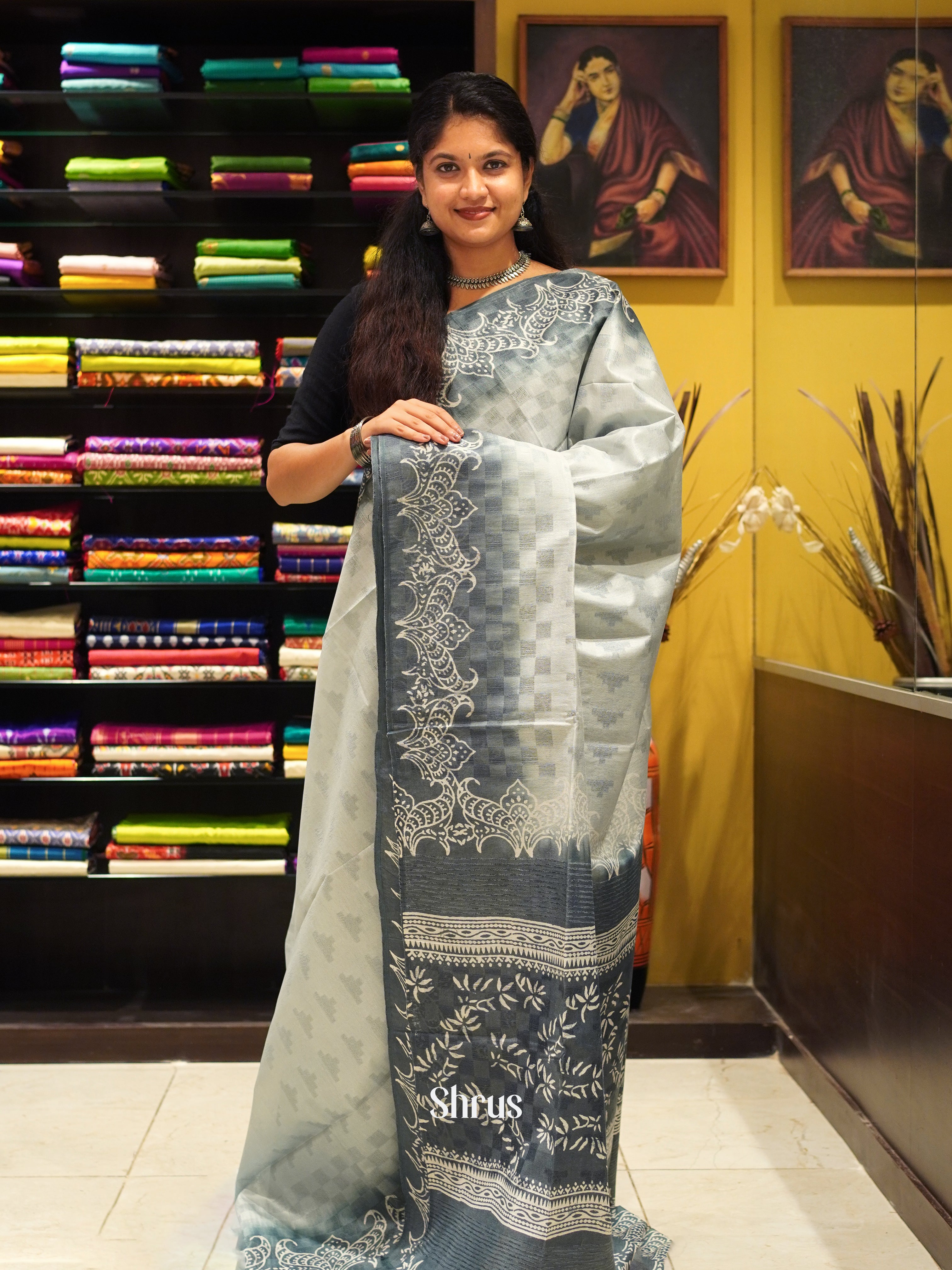 Grey - Semi Tussar Saree - Shop on ShrusEternity.com