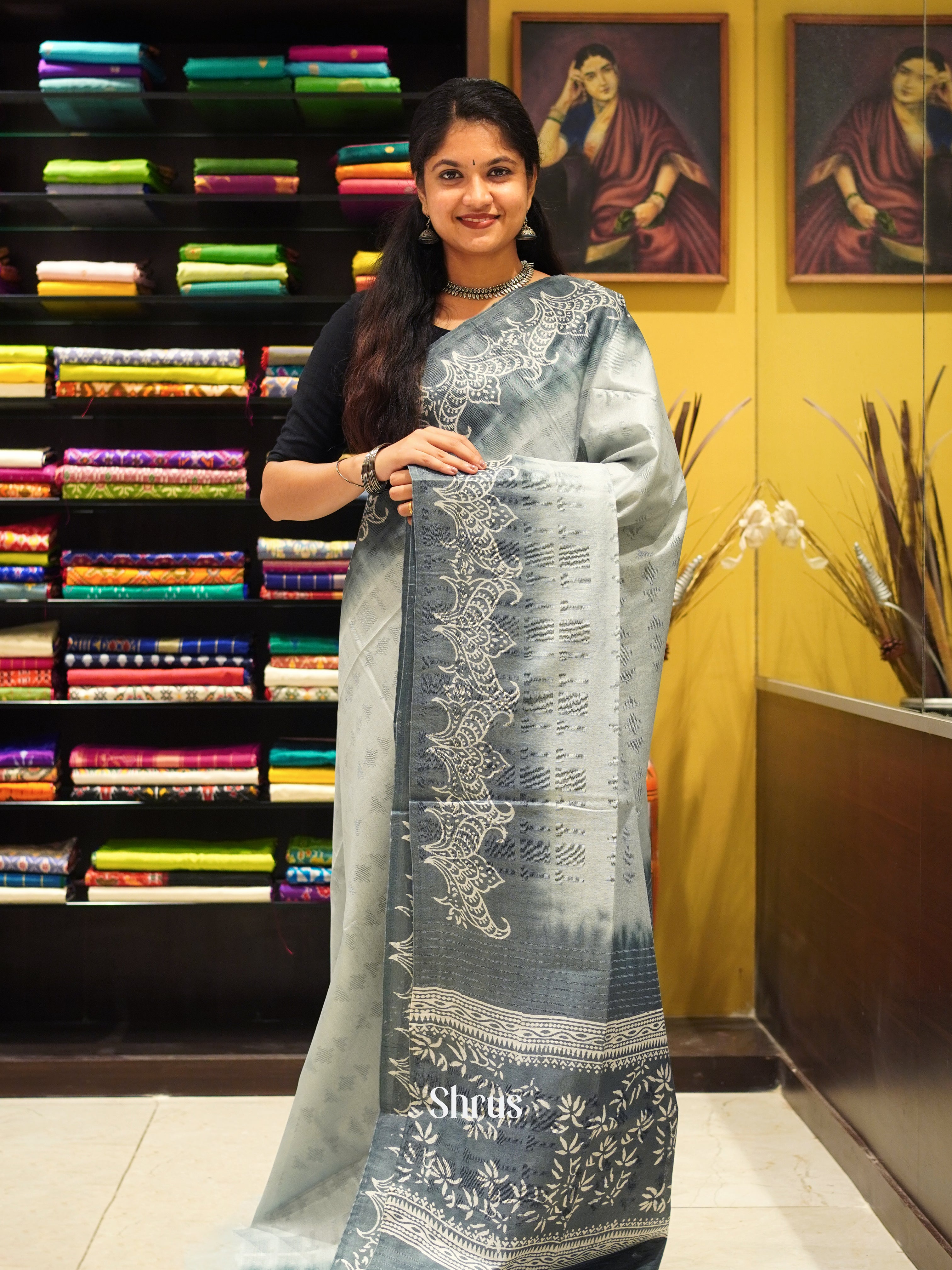 Grey - Semi Tussar Saree - Shop on ShrusEternity.com