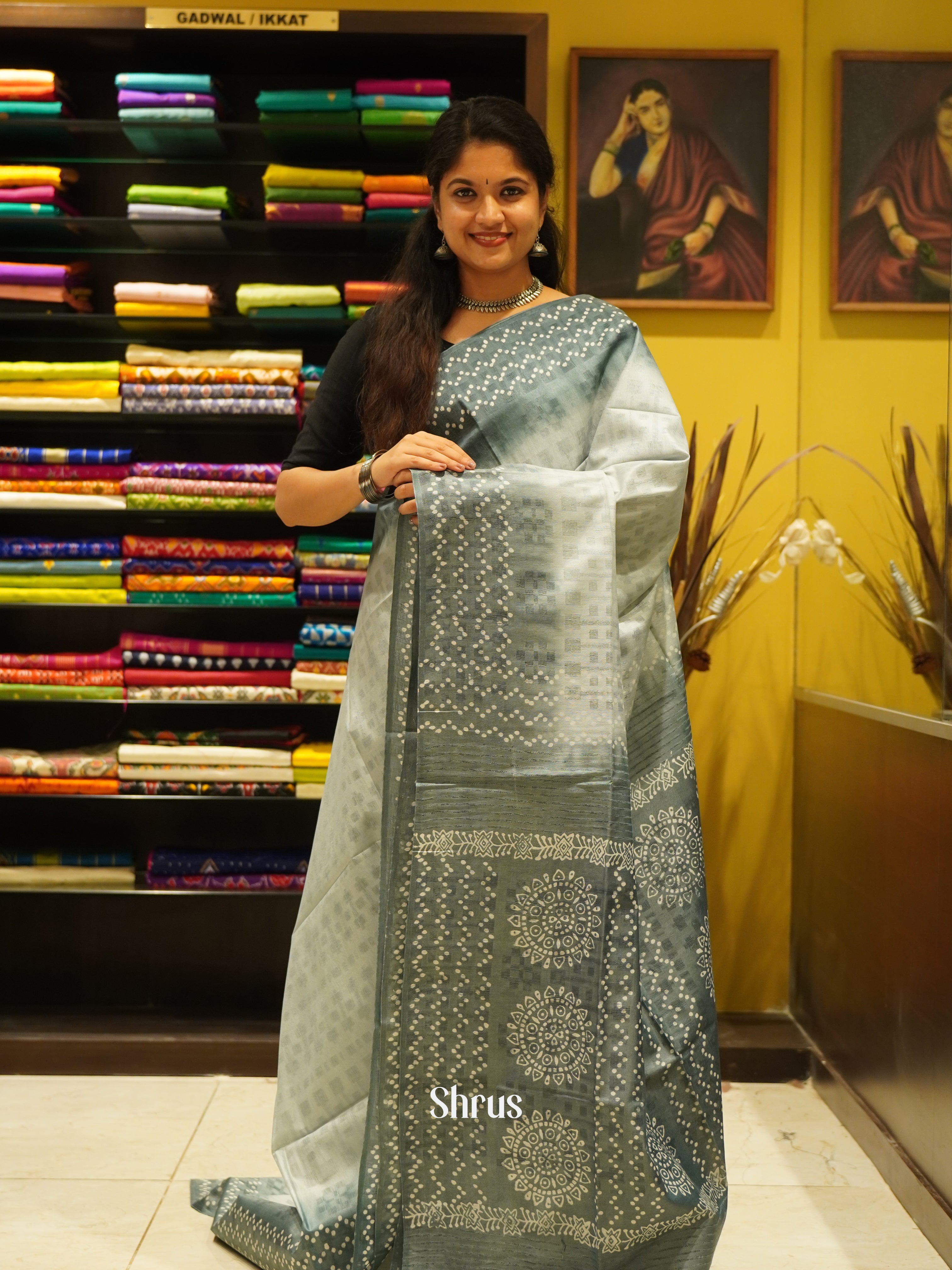 Grey - Semi Tussar Saree - Shop on ShrusEternity.com