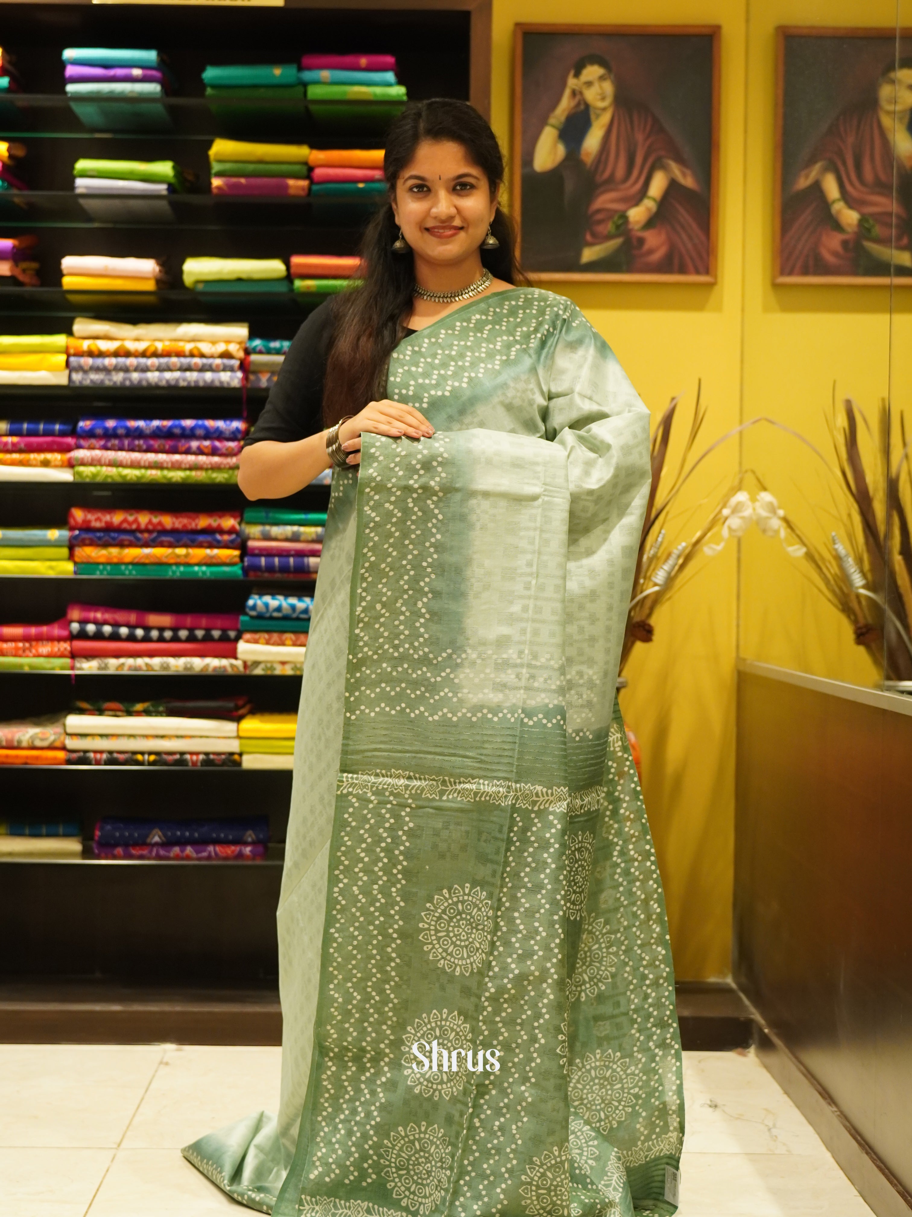 Light Grey & Green - Semi Tussar Saree - Shop on ShrusEternity.com