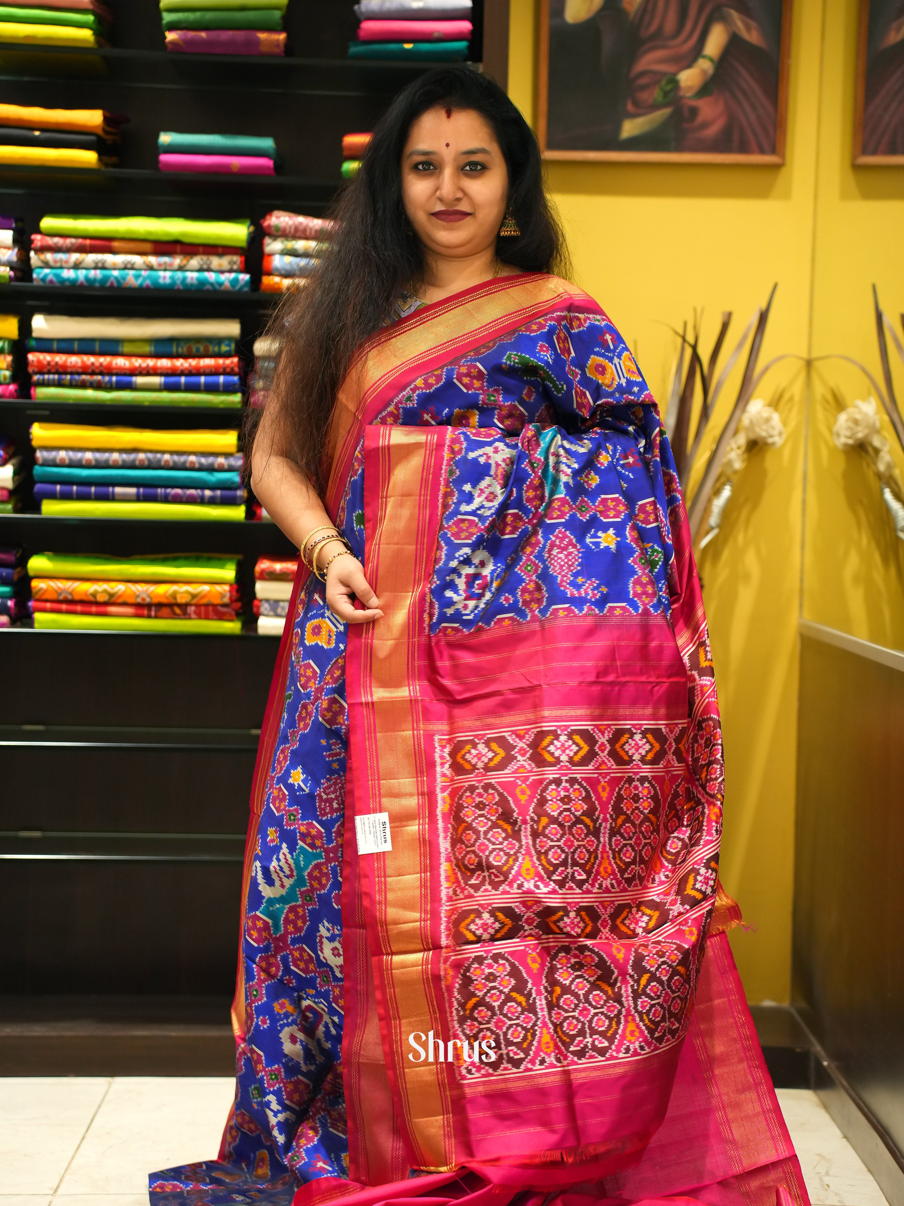 Blue &  Pink  - Ikkat Silk Saree