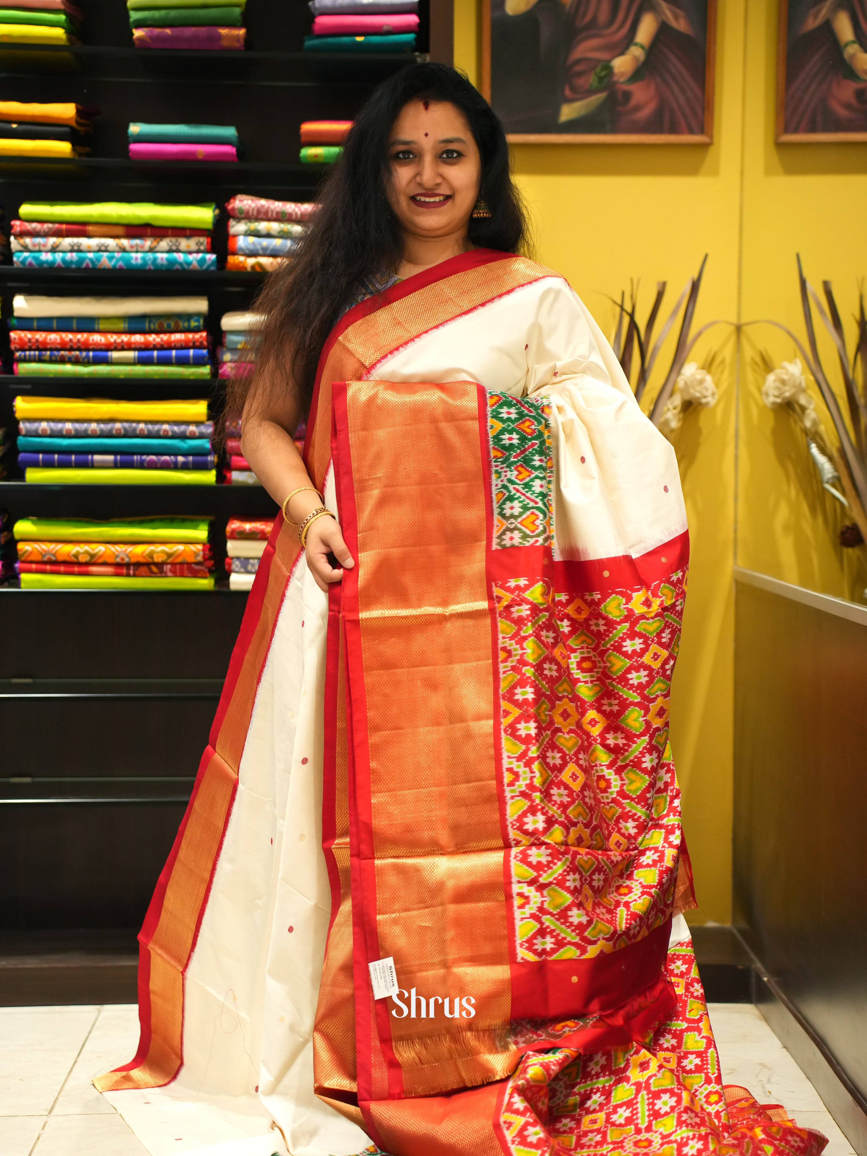 Cream & Red - Ikkat Silk Saree - Shop on ShrusEternity.com