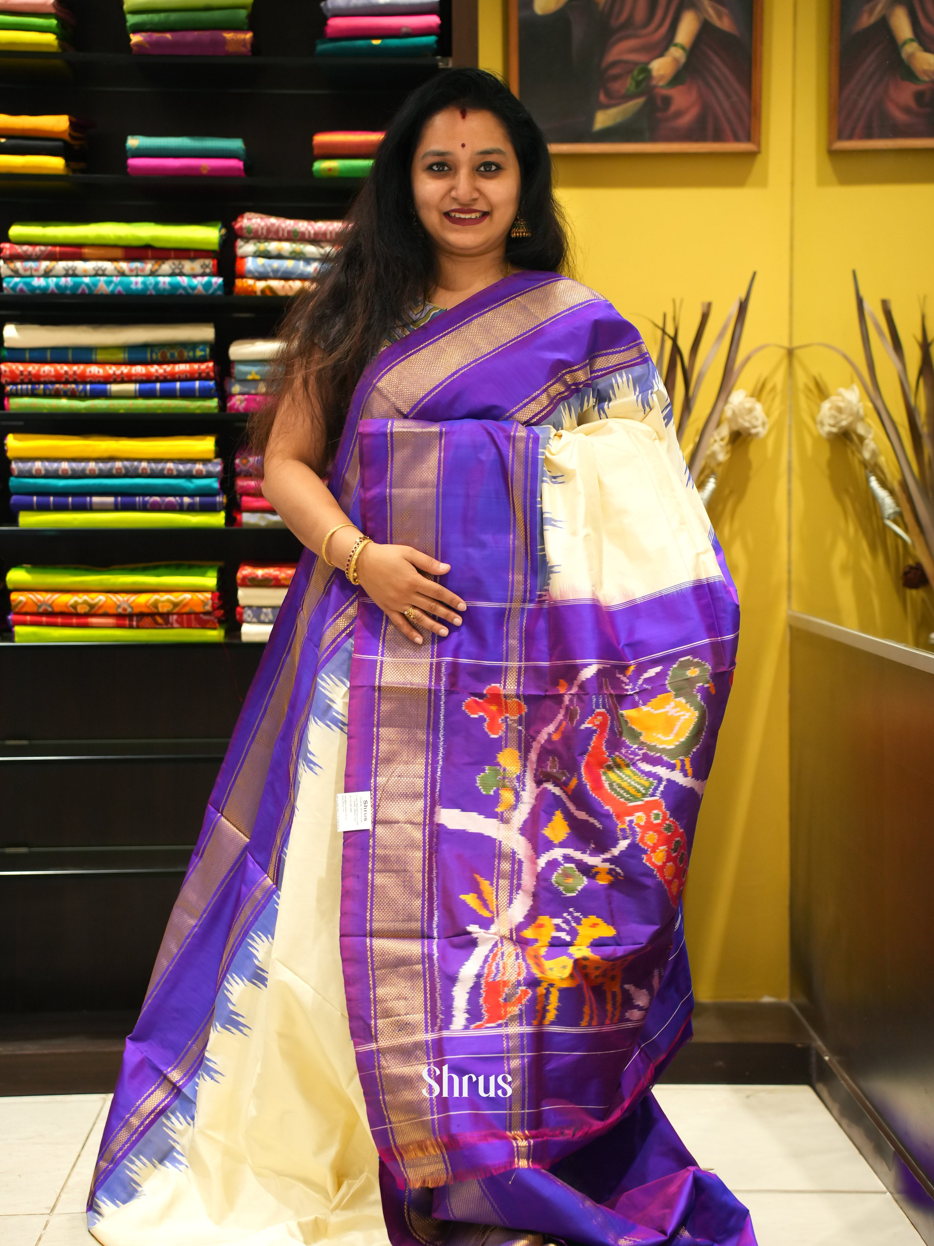 Cream & Purple - Ikkat Silk Saree - Shop on ShrusEternity.com