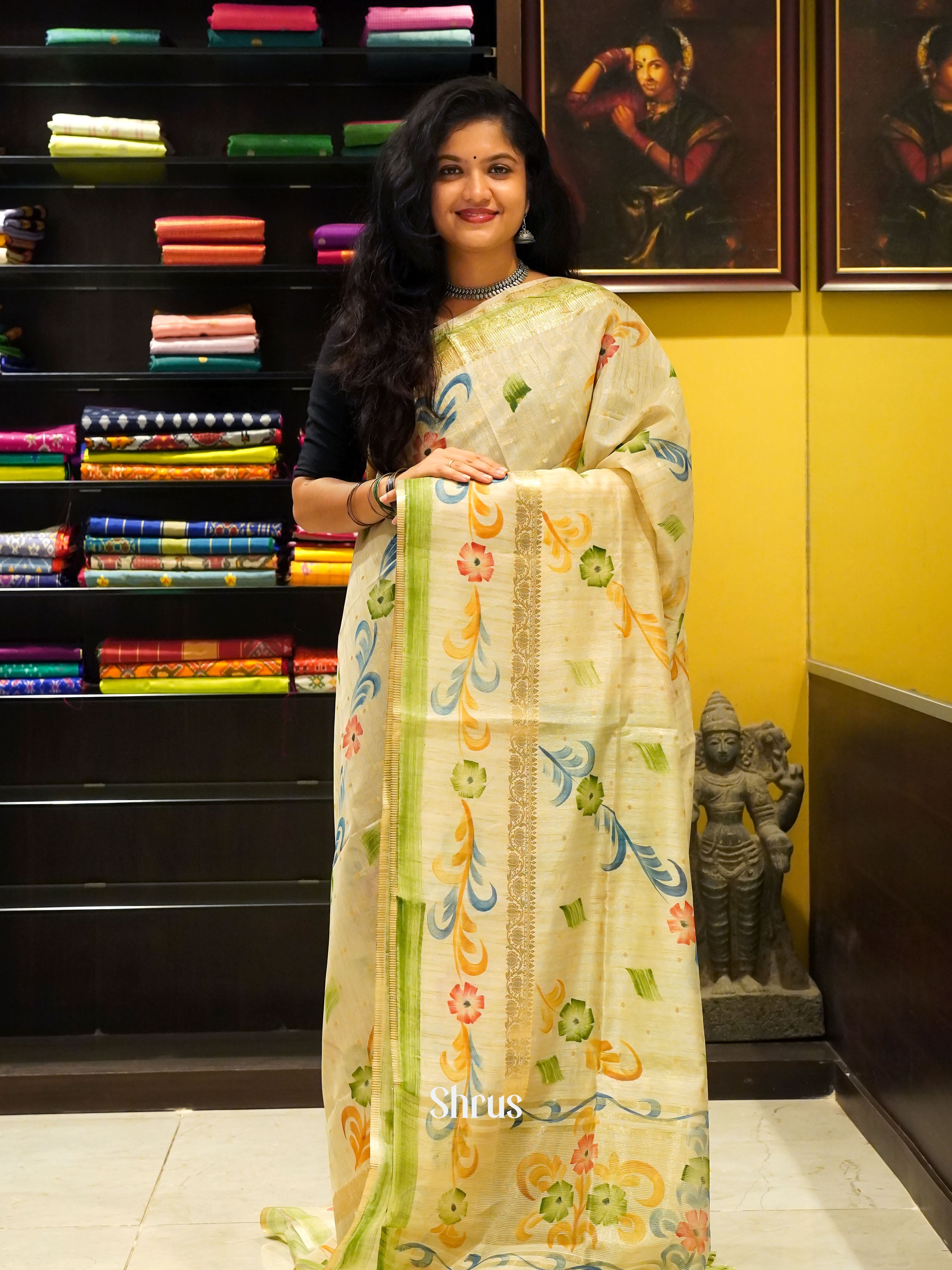 Cream & Green - Semi Jute Saree