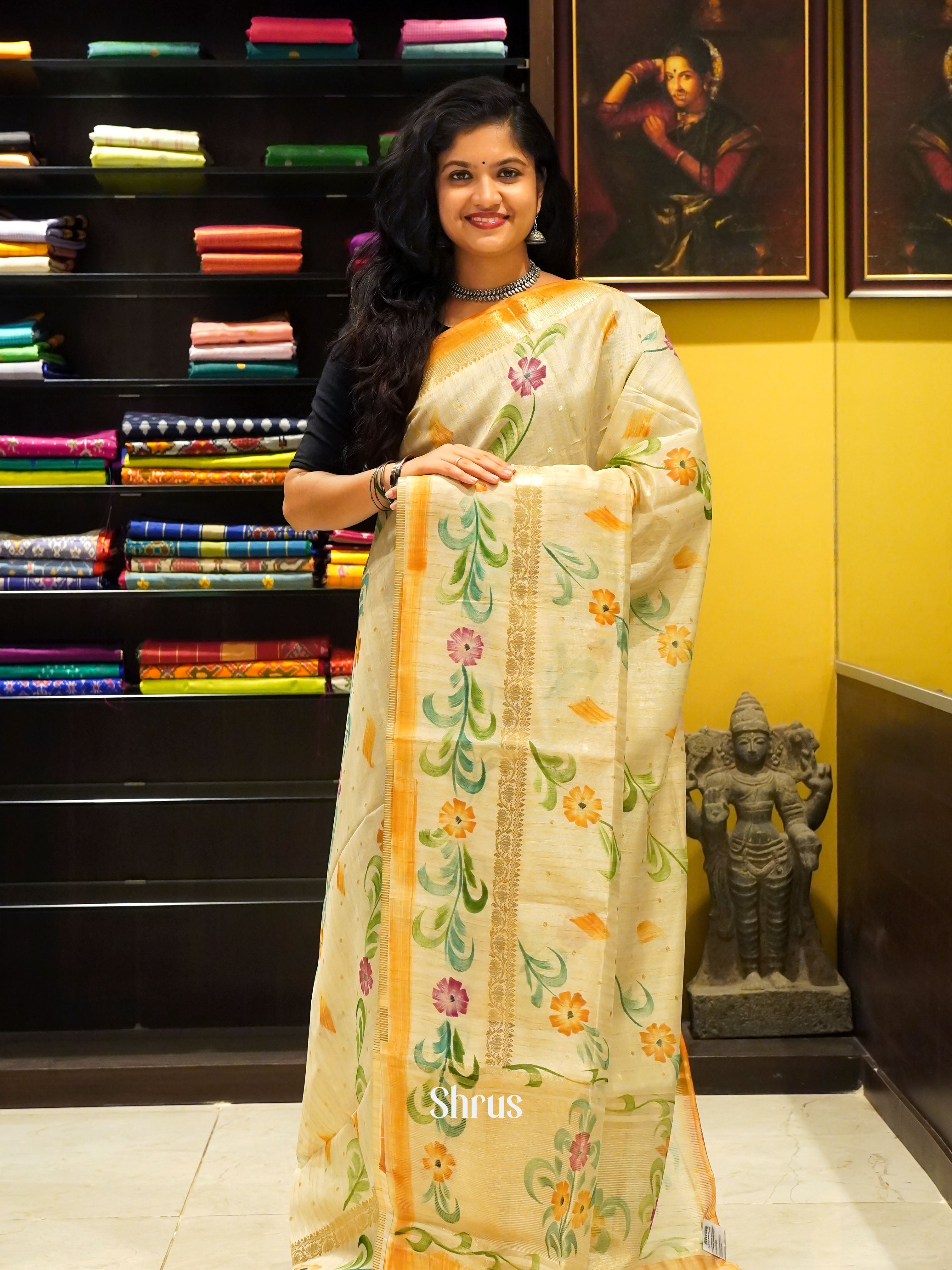 Cream & Orange - Semi Jute Saree