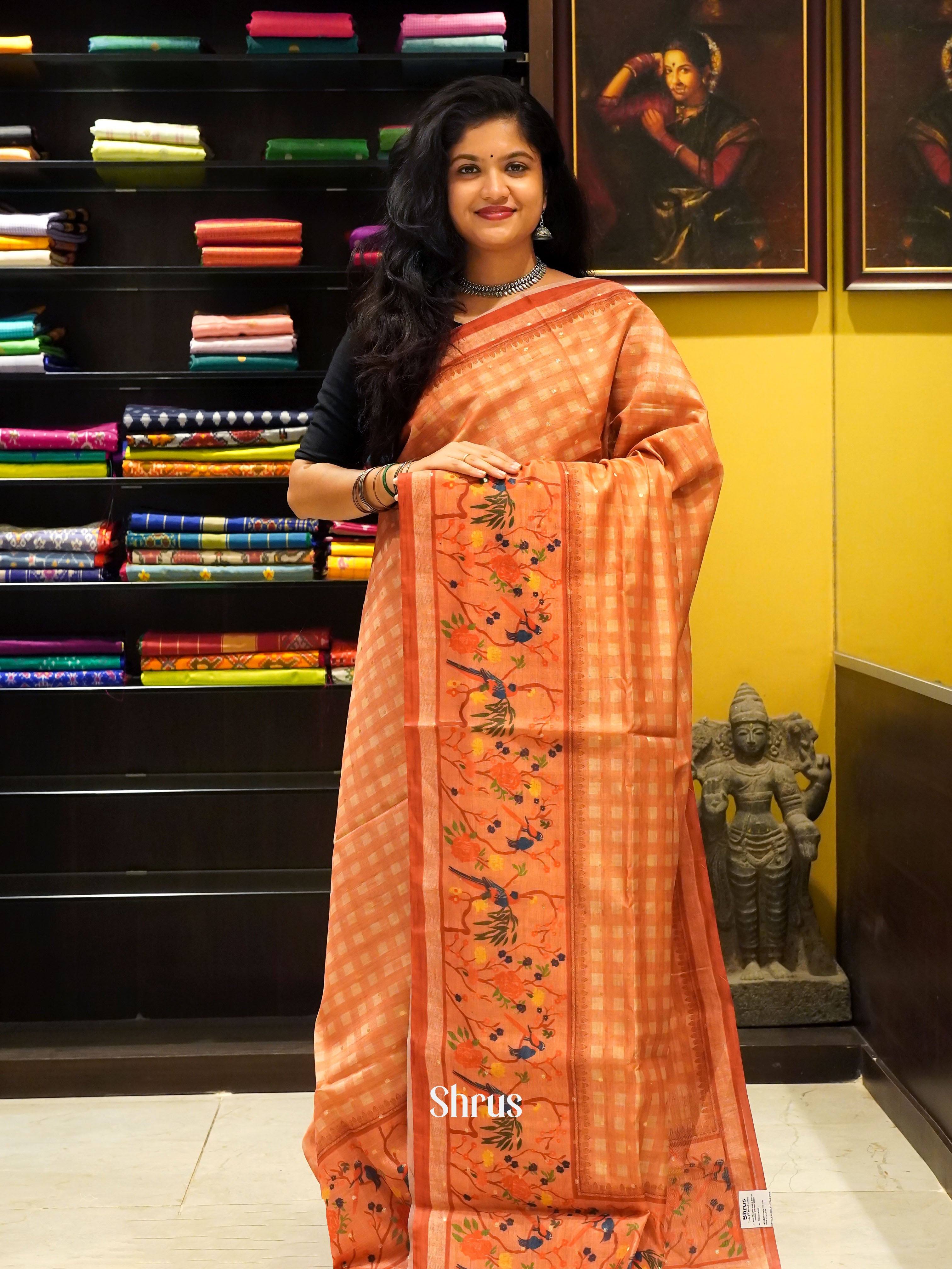 Red - Semi Jute Saree