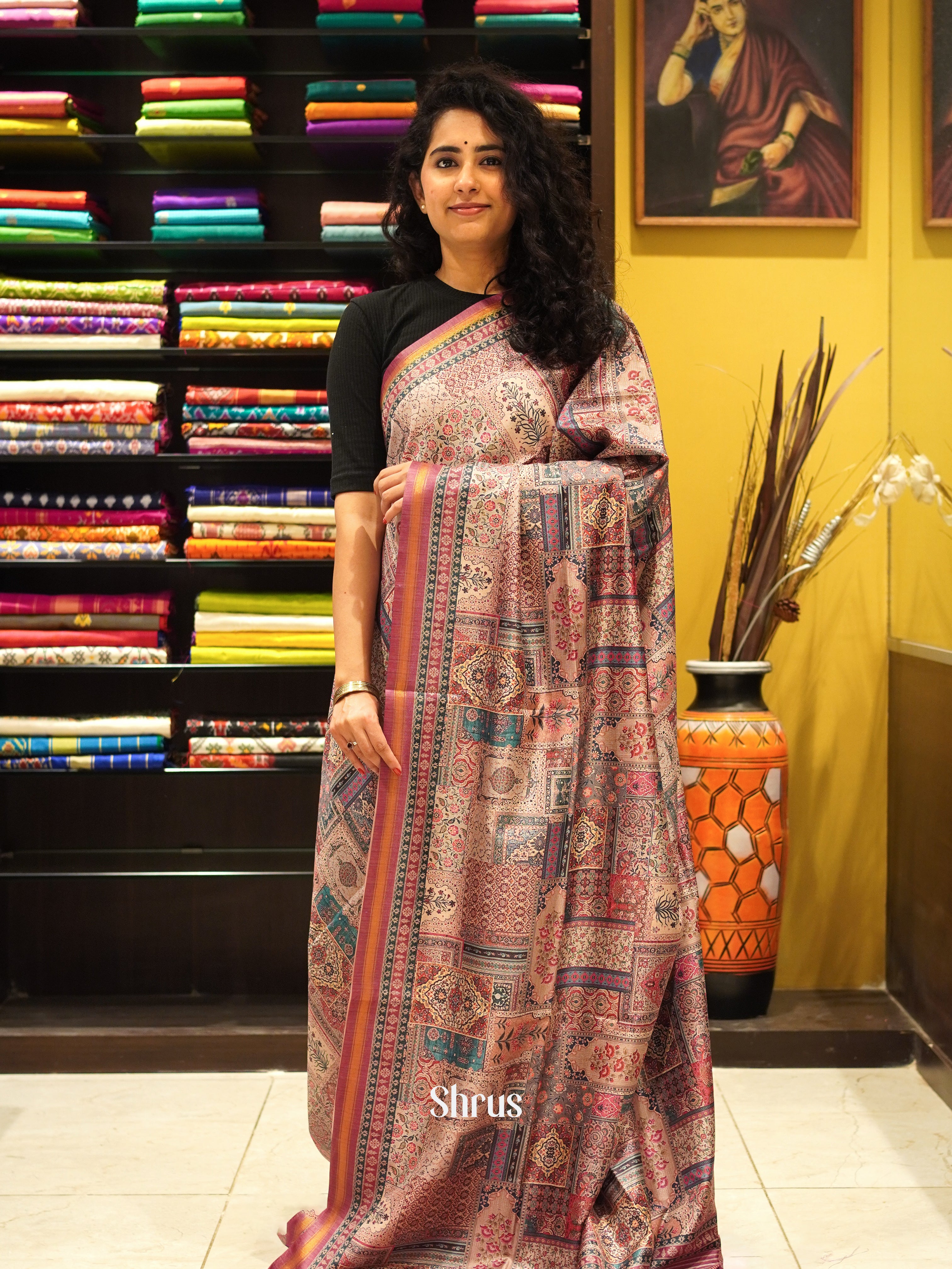 Pink & Beige - Semi Crepe Saree - Shop on ShrusEternity.com