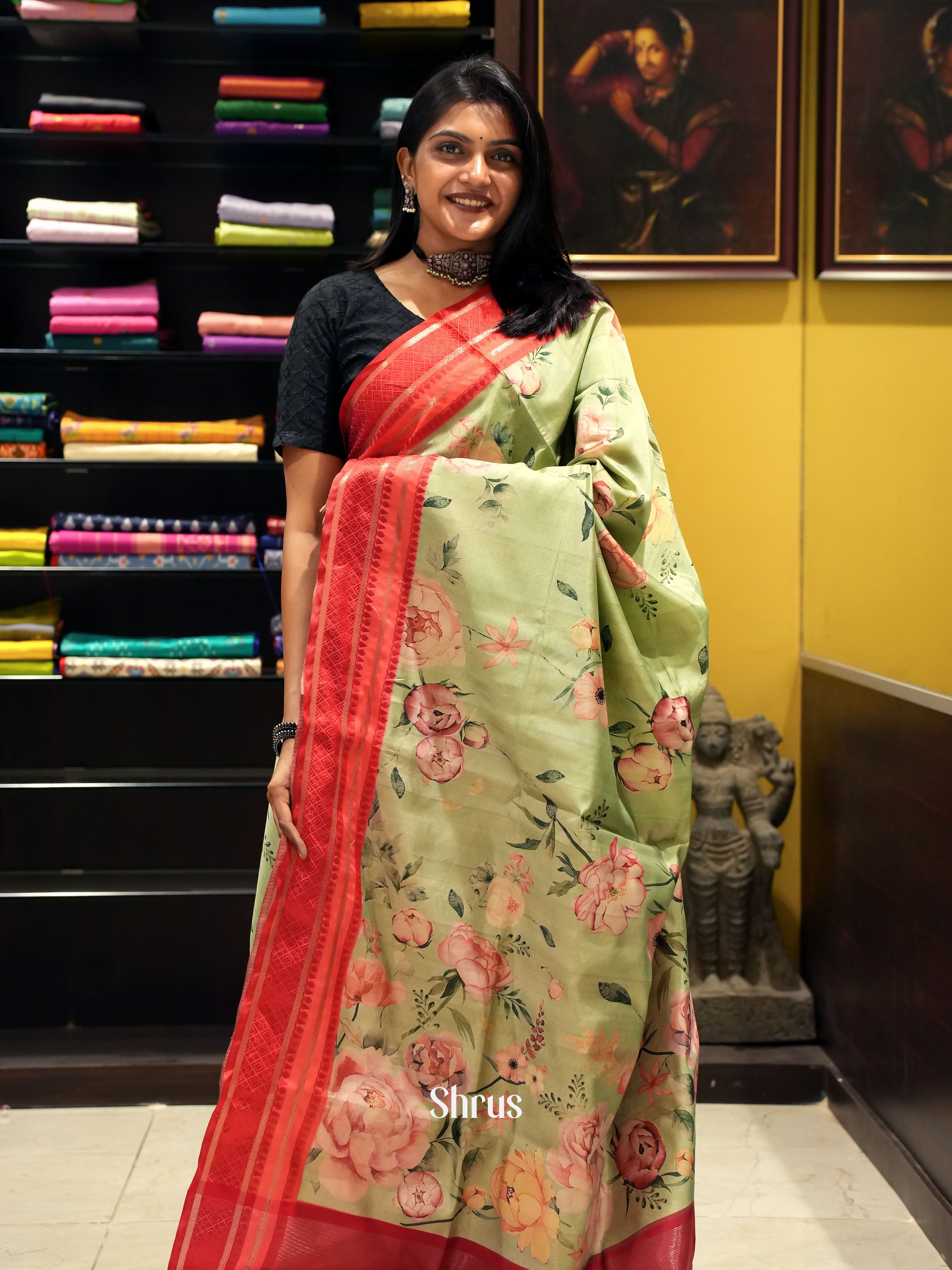 Green & Red  -Semi Dupion Saree