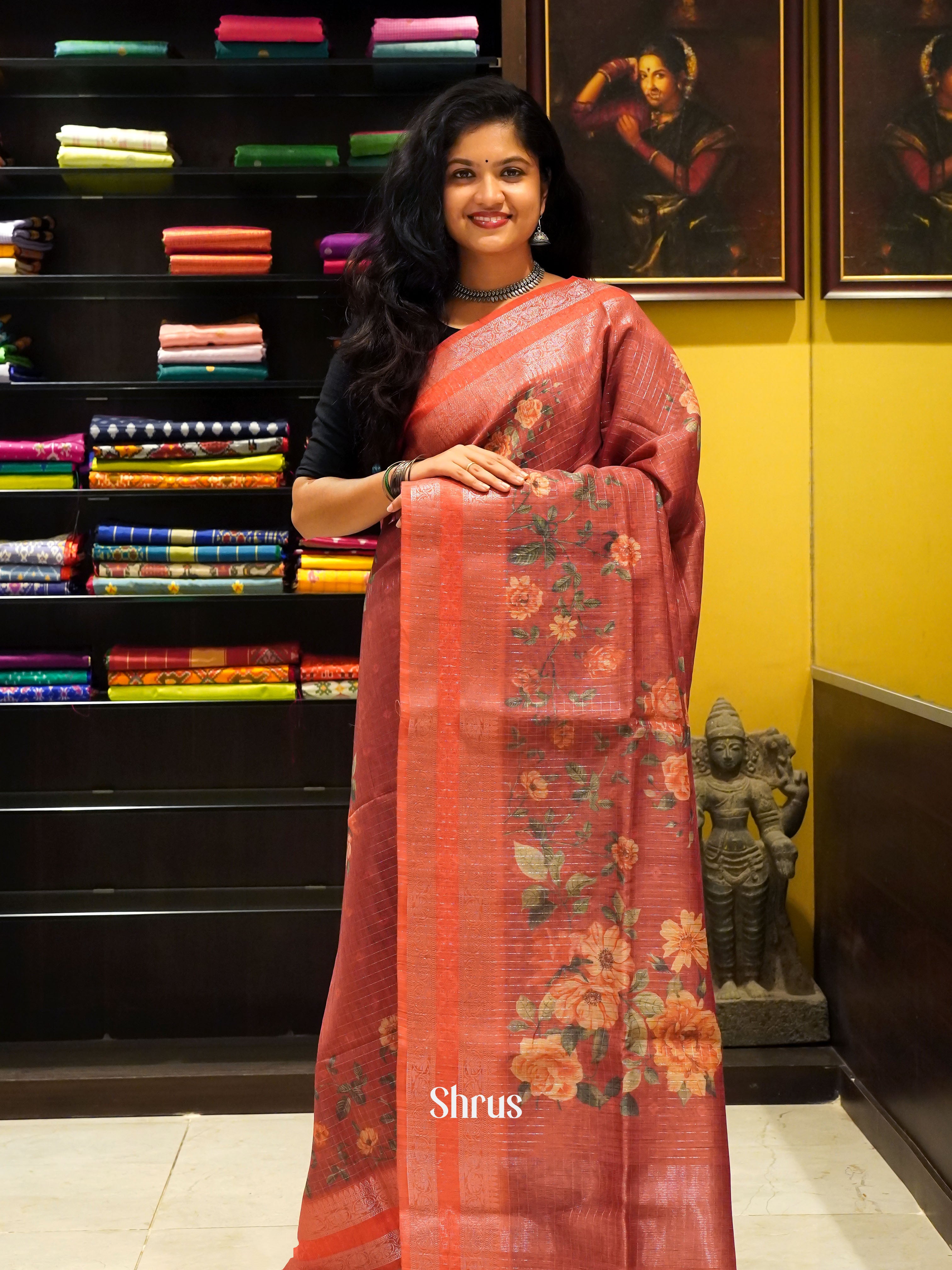 Brown & Red - Semi Jute Saree