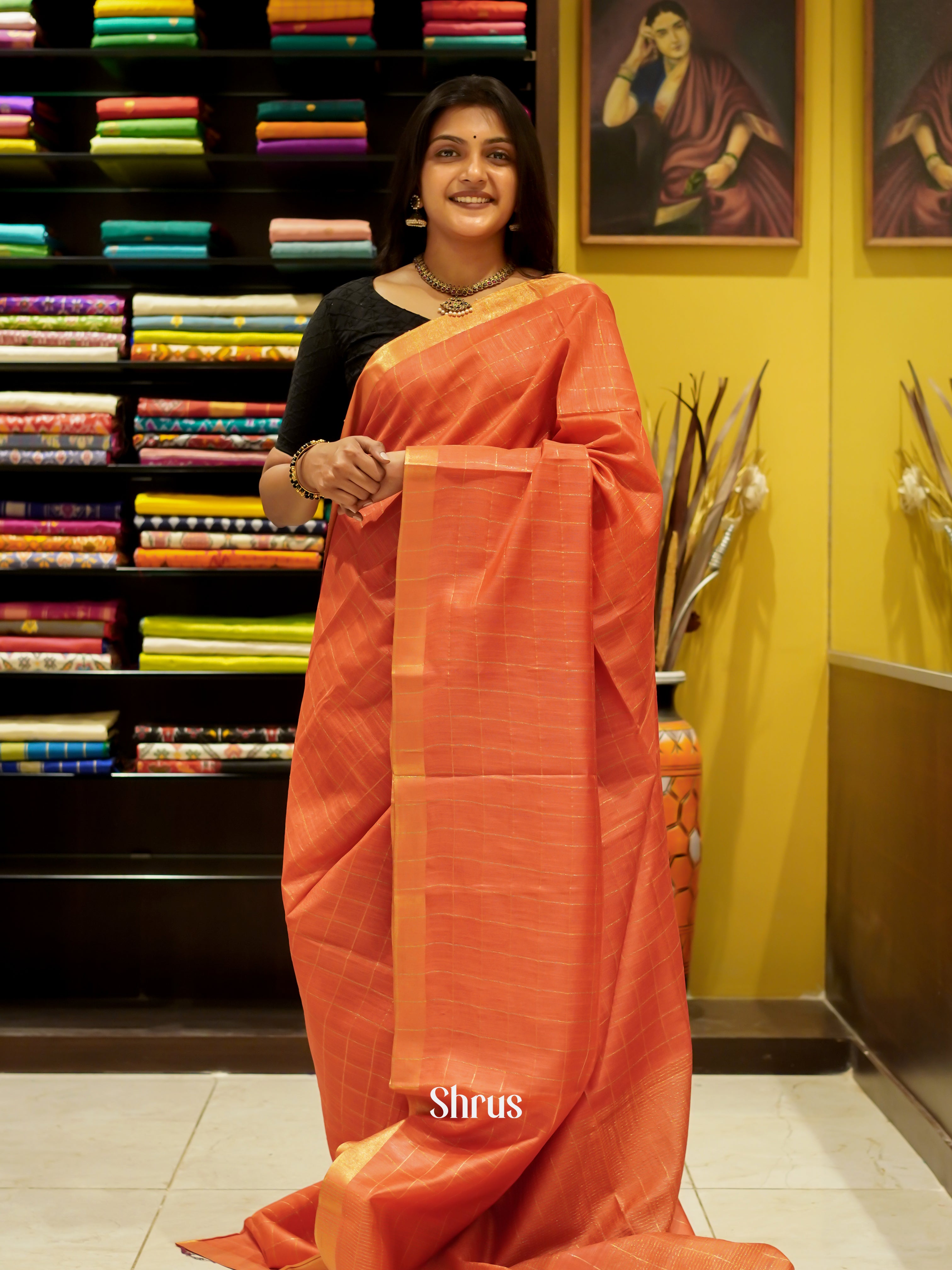 Orange(Single Tone) - Semi Tussar Saree - Shop on ShrusEternity.com