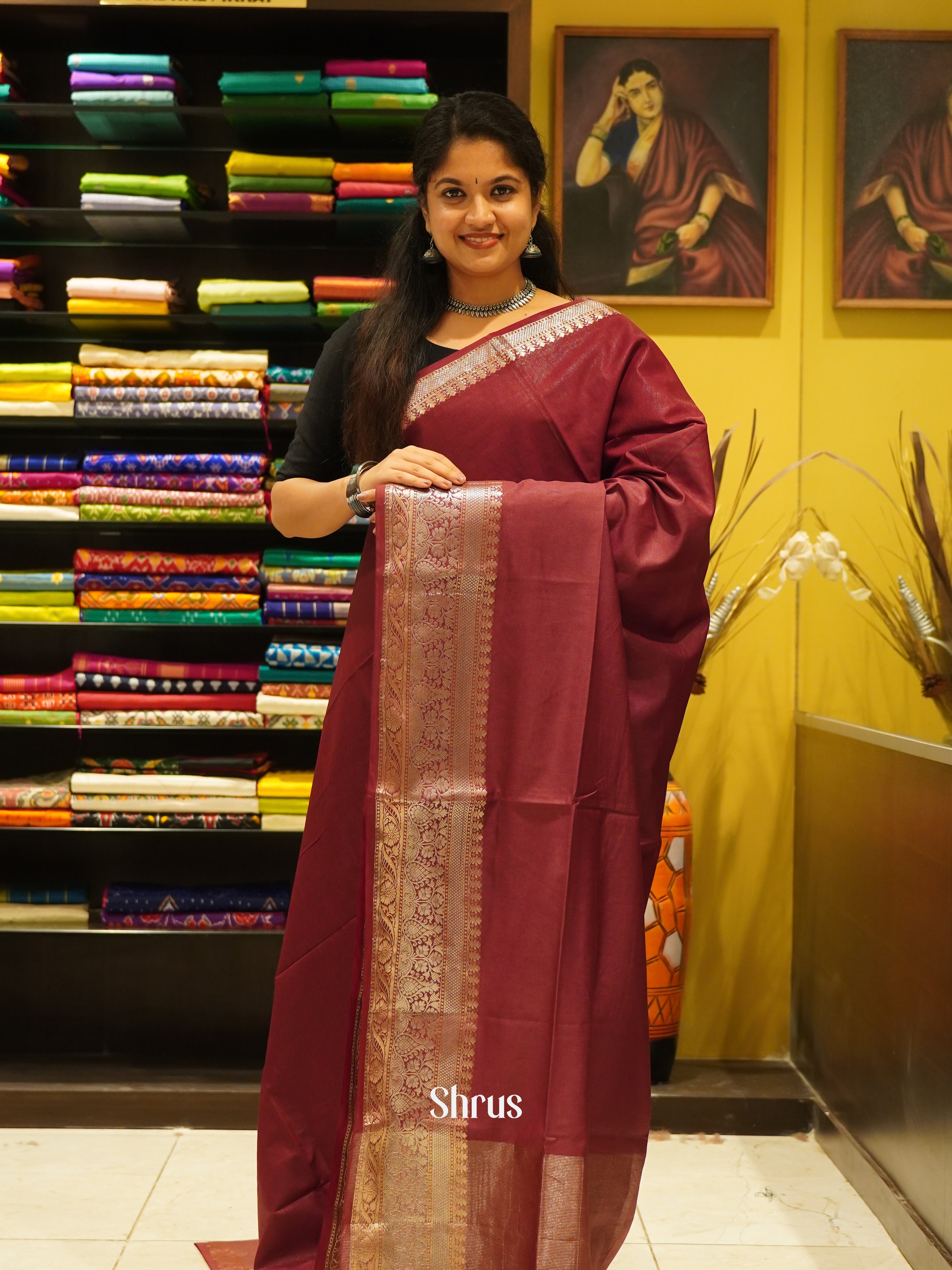 Wine (Single Tone)- Semi Tussar Saree - Shop on ShrusEternity.com