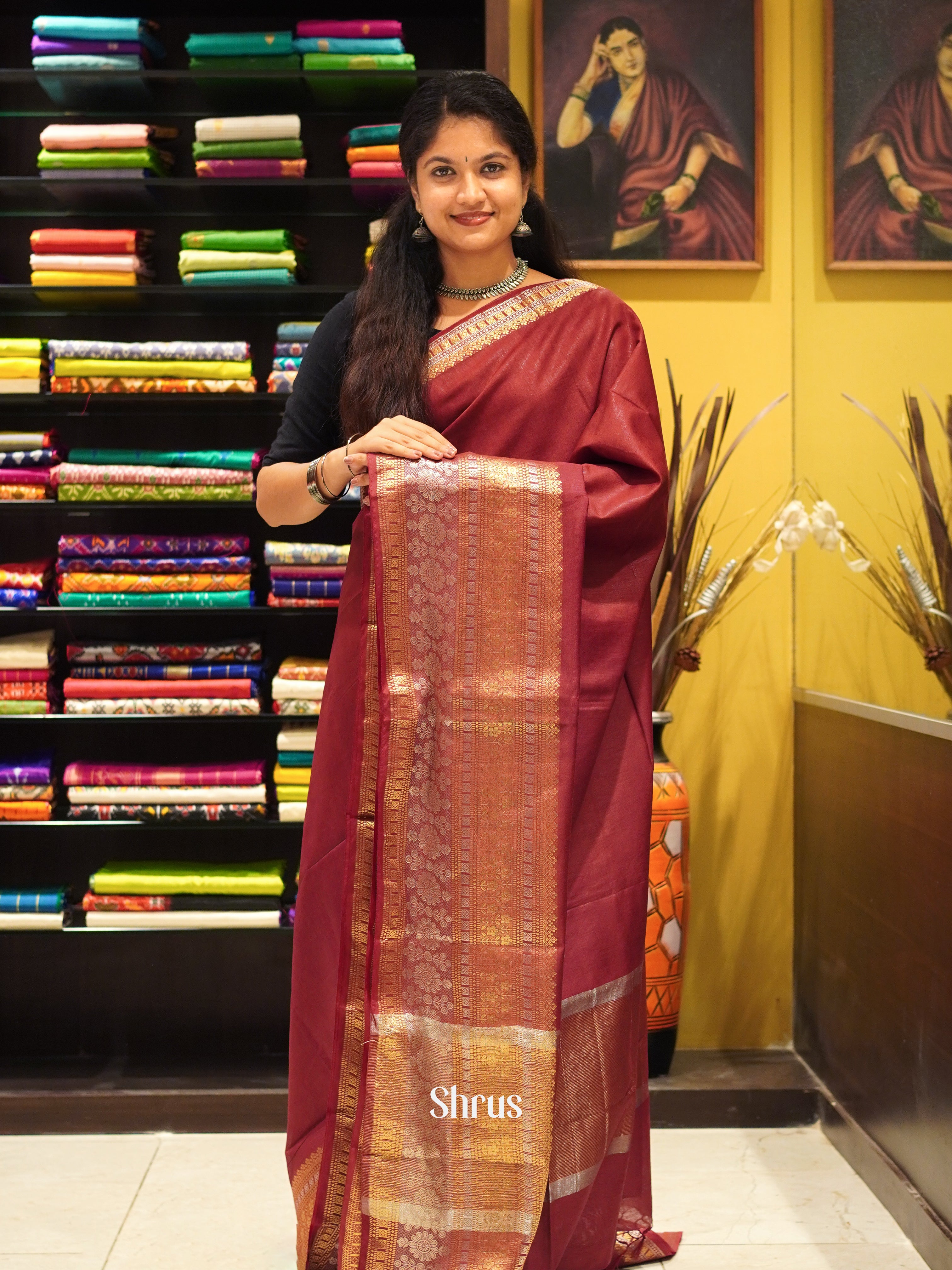 Maroon(Single Tone) -Semi Tussar Saree - Shop on ShrusEternity.com